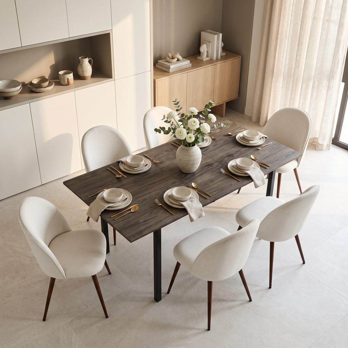 Homy Casa BARI+HAVEN 7PC Dining Set with Extendable Walnut-Look Table and 6 HAVEN Beige Upholstered Chairs Open Box