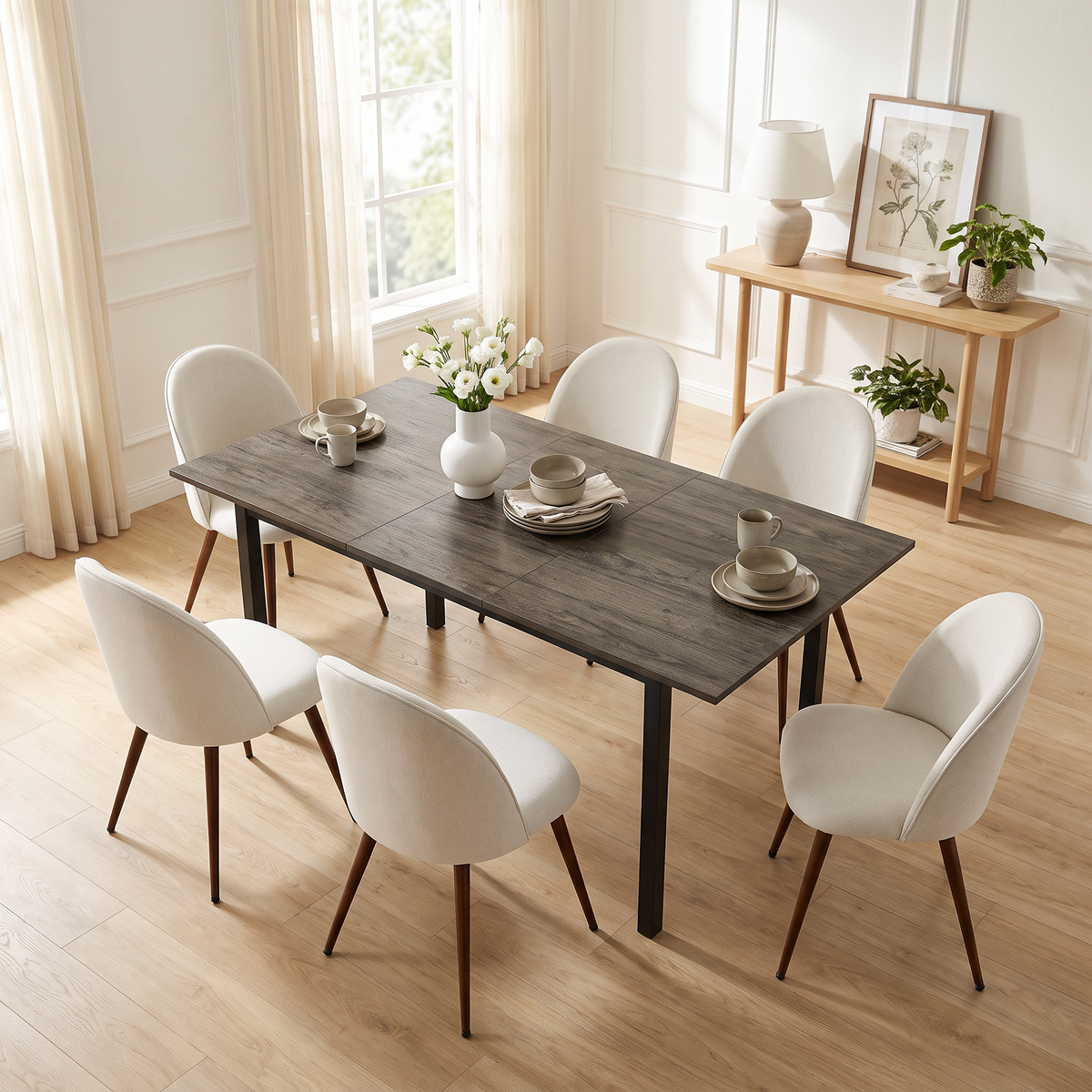 Homy Casa BARI+HAVEN 7PC Dining Set with Extendable Walnut-Look Table and 6 HAVEN Beige Upholstered Chairs Open Box