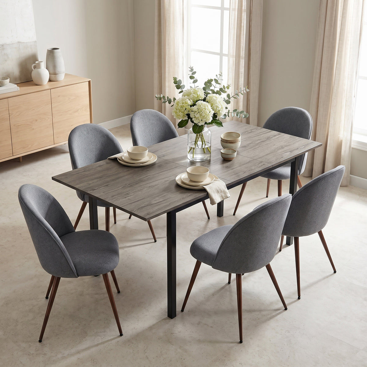 Homy Casa BARI+HAVEN 7PC Dining Set with 47–62” Extenda6 HAVEN Grey Fabric Chairs Open Boxble Walnut Table and