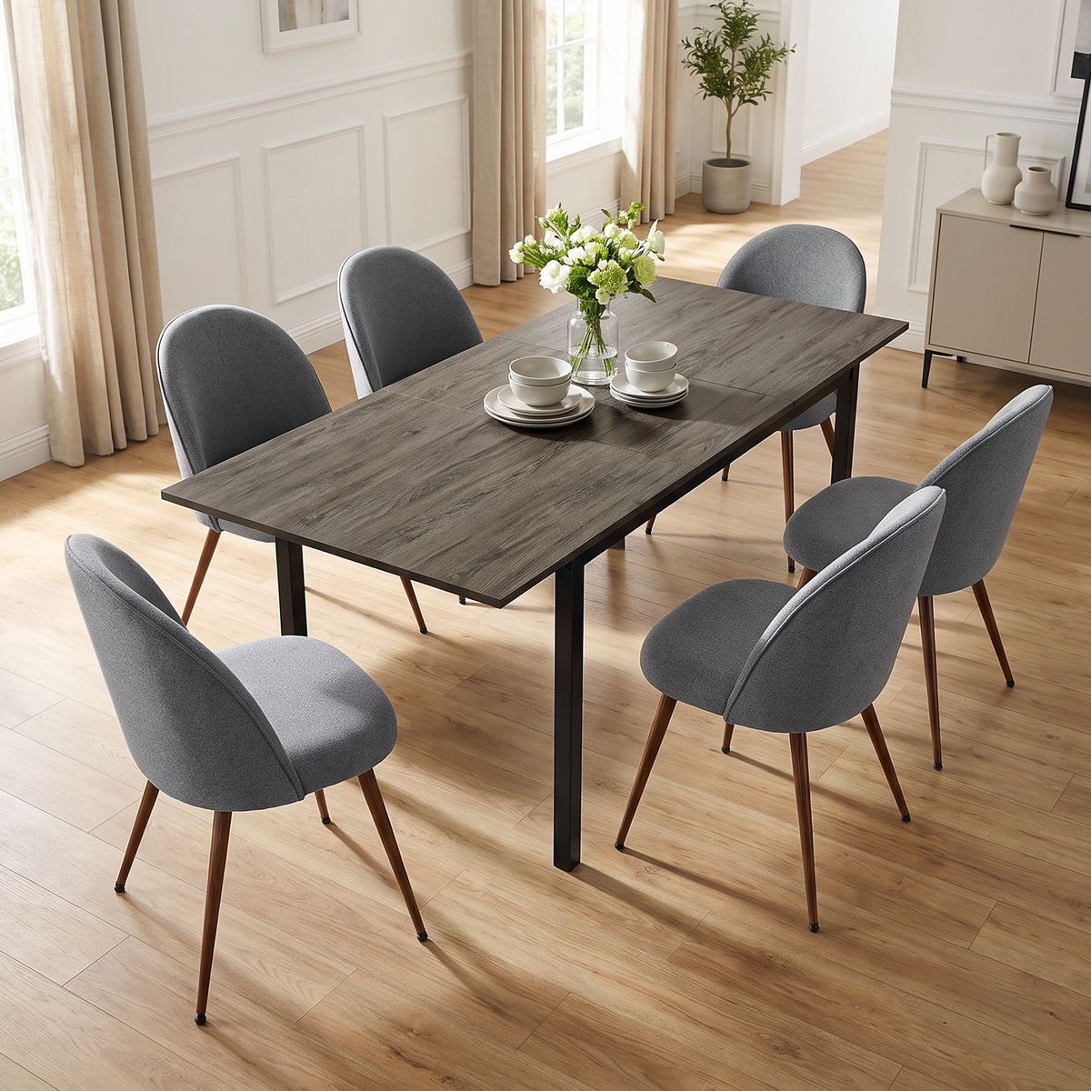 Homy Casa BARI+HAVEN 7PC Dining Set with 47–62” Extenda6 HAVEN Grey Fabric Chairs Open Boxble Walnut Table and