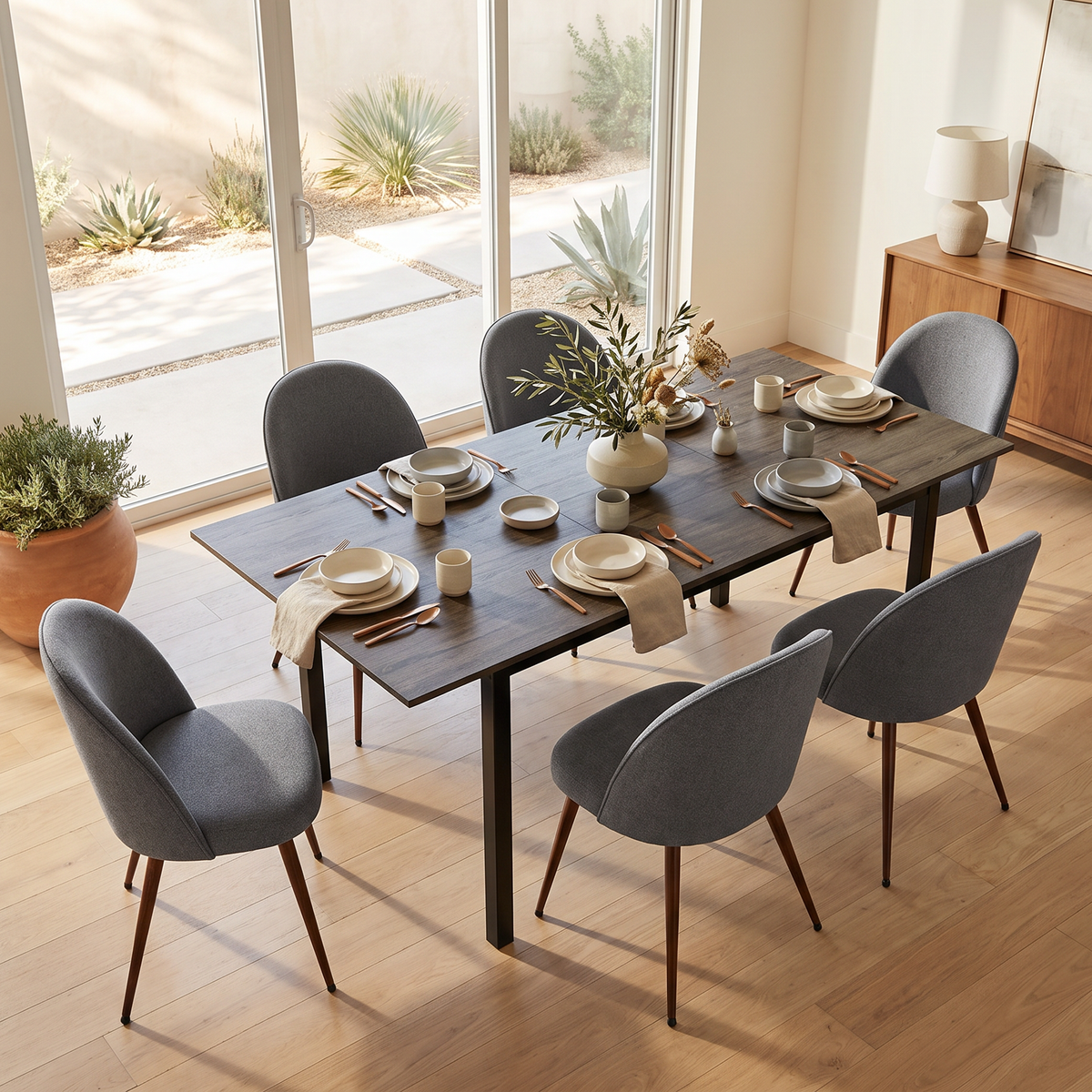 Homy Casa BARI+HAVEN 7PC Dining Set with 47–62” Extenda6 HAVEN Grey Fabric Chairs Open Boxble Walnut Table and