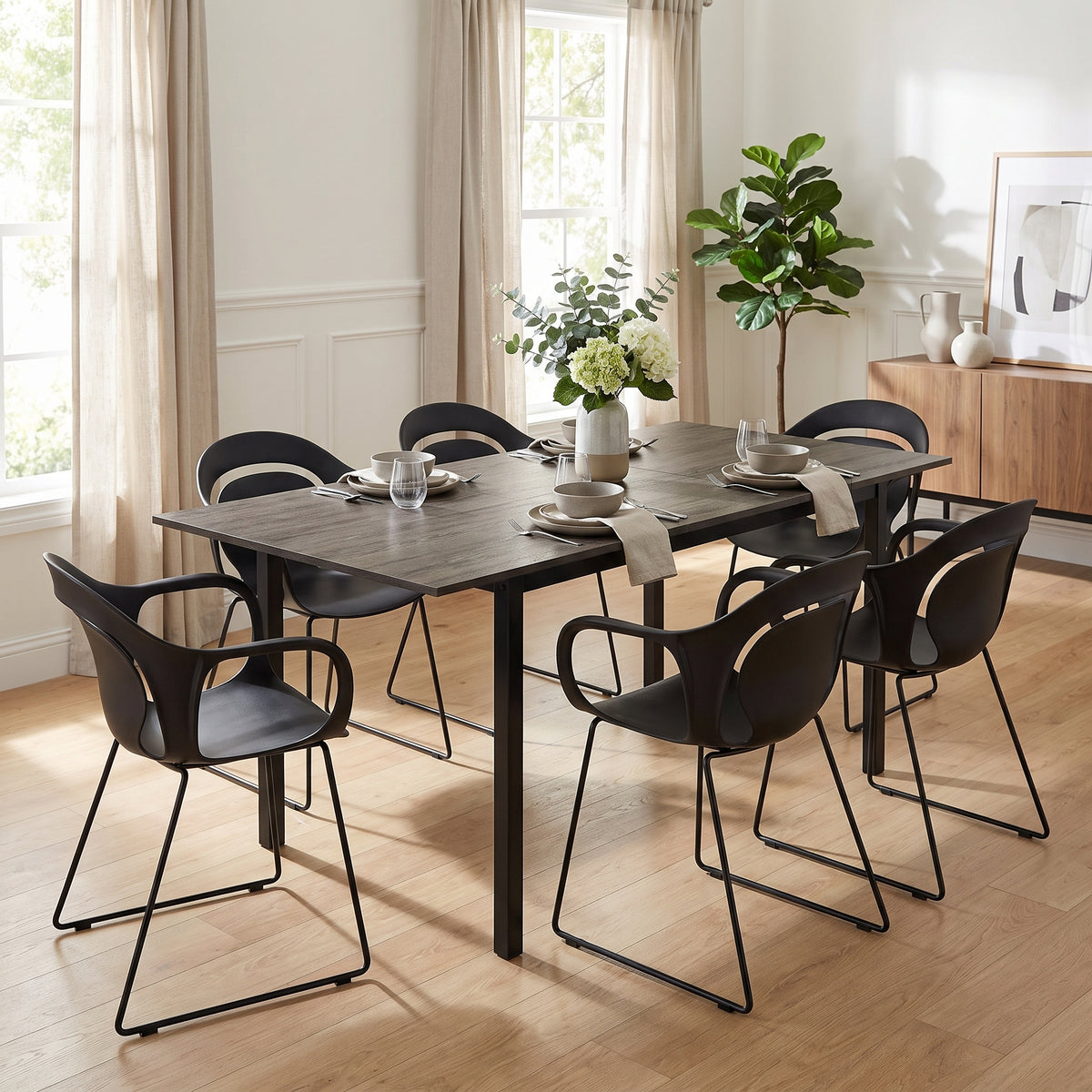 Homy Casa BARI+PHIL 7PC Dining Set with Extendable Walnut-Finish Table and 6 PHIL Black Chairs Open Box