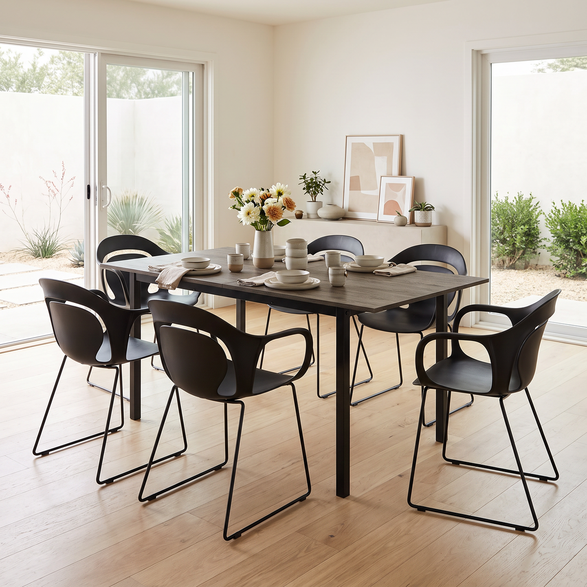 Homy Casa BARI+PHIL 7PC Dining Set with Extendable Walnut-Finish Table and 6 PHIL Black Chairs Open Box