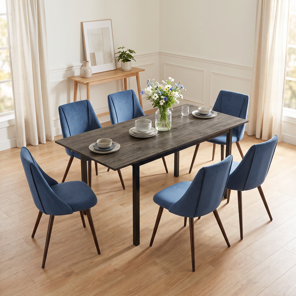 Homy Casa BARI+SMEG 7PC Dining Set with 47–62” Extendable Walnut Table and 6 SMEG Dark Blue Upholstered Chairs Open Box