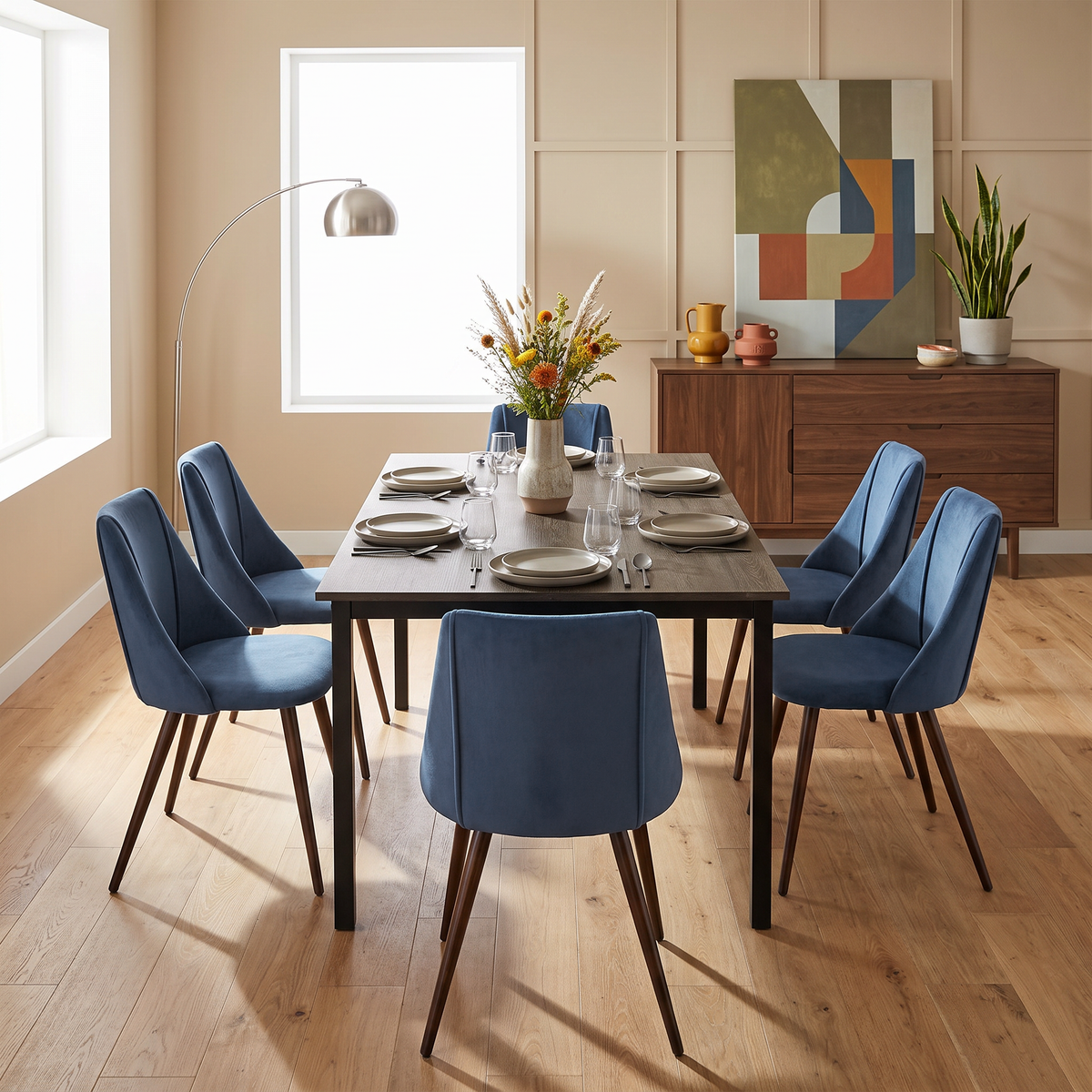 Homy Casa BARI+SMEG 7PC Dining Set with 47–62” Extendable Walnut Table and 6 SMEG Dark Blue Upholstered Chairs Open Box