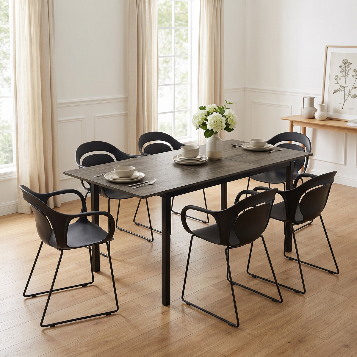 Homy Casa BARI+PHIL 7PC Dining Set with Extendable Walnut-Finish Table and 6 PHIL Black Chairs Open Box