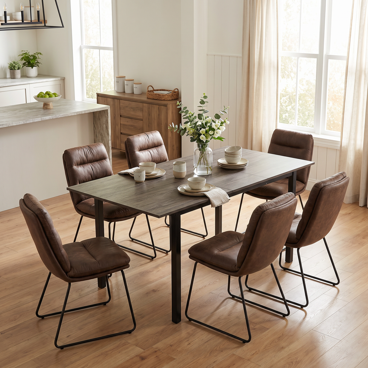 Homy Casa BARI+STEFFEN 7PC Dining Set with 47–62” Extendable Walnut Table and 6 STEFFEN Brown Fabric Chairs Open Box
