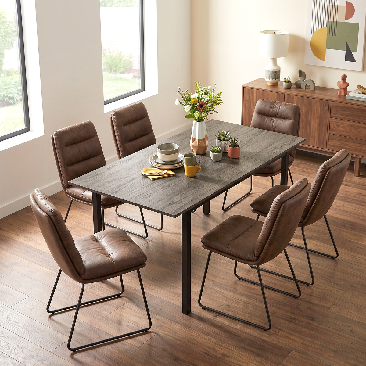 Homy Casa BARI+STEFFEN 7PC Dining Set with 47–62” Extendable Walnut Table and 6 STEFFEN Brown Fabric Chairs Open Box