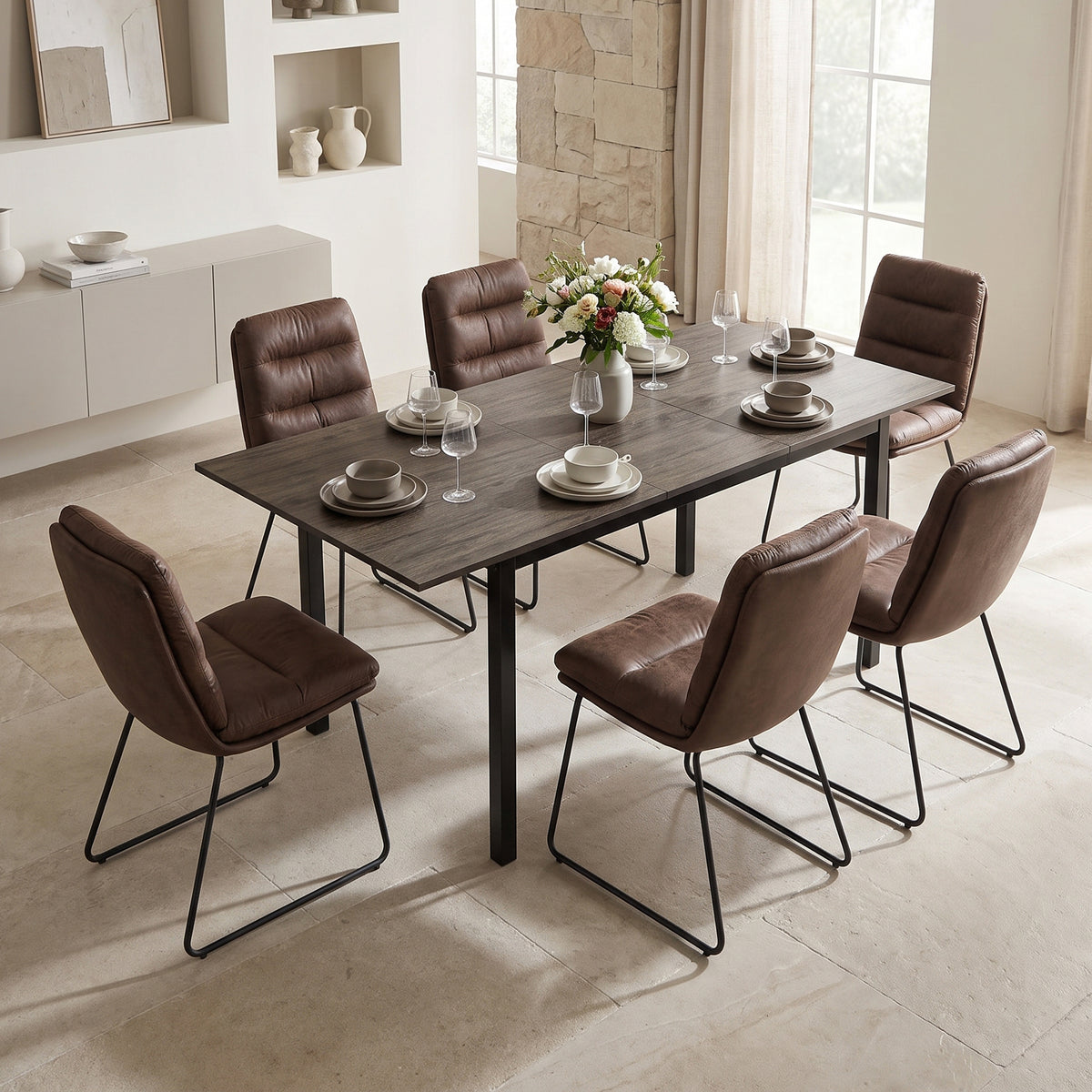 Homy Casa BARI+STEFFEN 7PC Dining Set with 47–62” Extendable Walnut Table and 6 STEFFEN Brown Fabric Chairs Open Box
