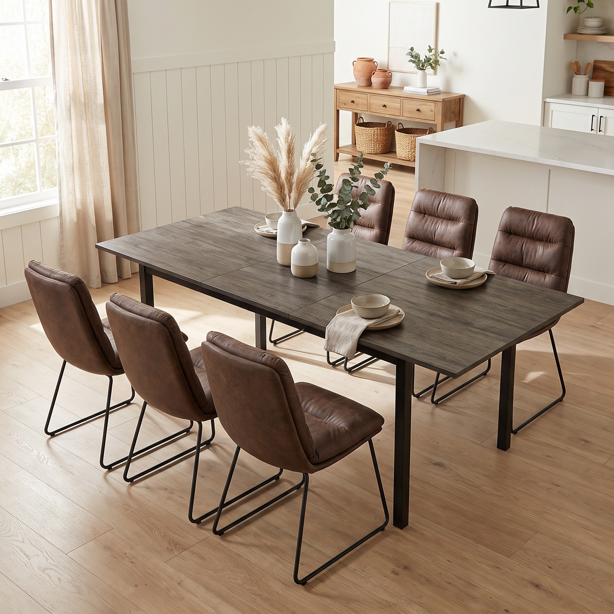 Homy Casa BARI+STEFFEN 7PC Dining Set with 47–62” Extendable Walnut Table and 6 STEFFEN Brown Fabric Chairs Open Box