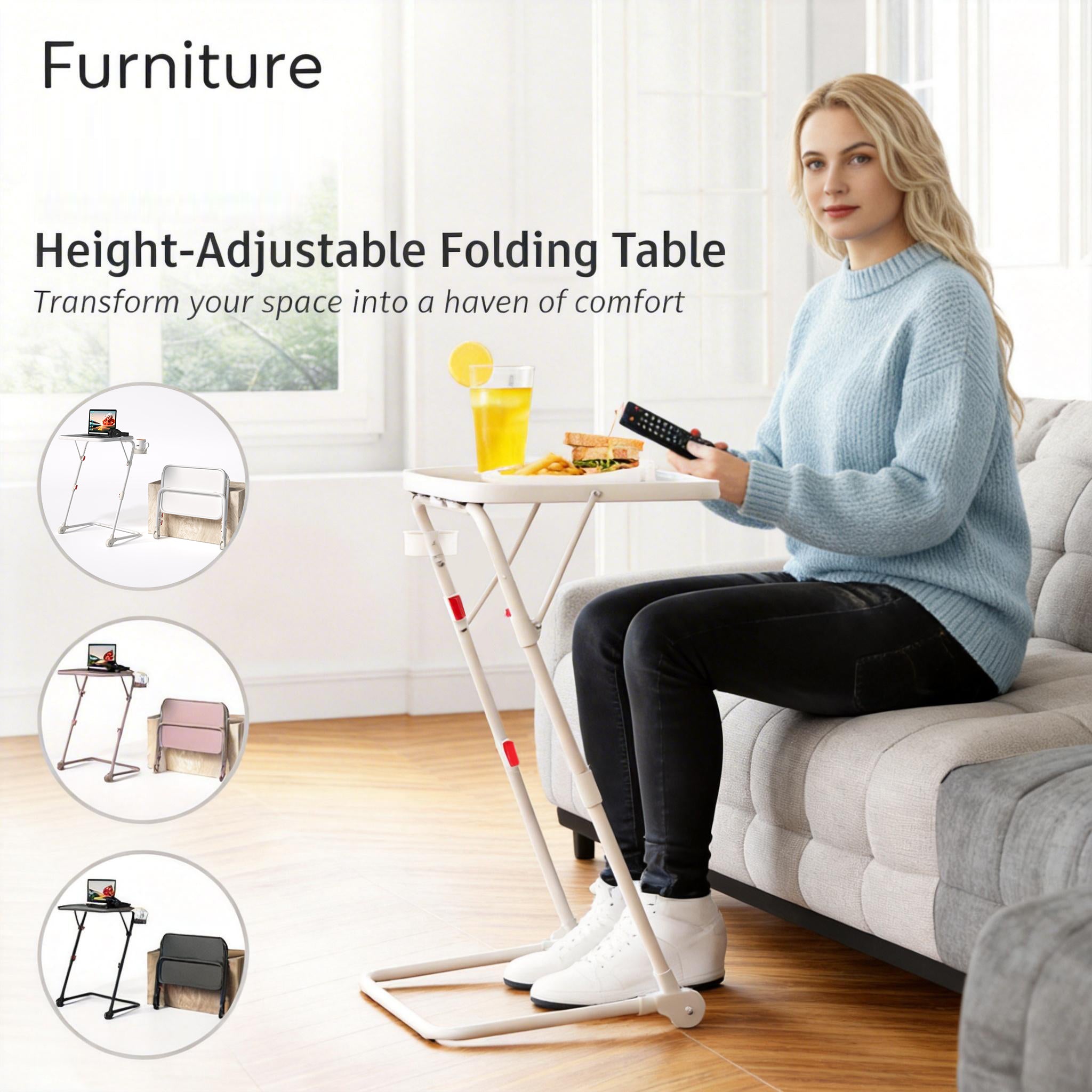 Homy Casa Baseline White Tray Coffee Table Adjustable Height Multipurpose Open Box