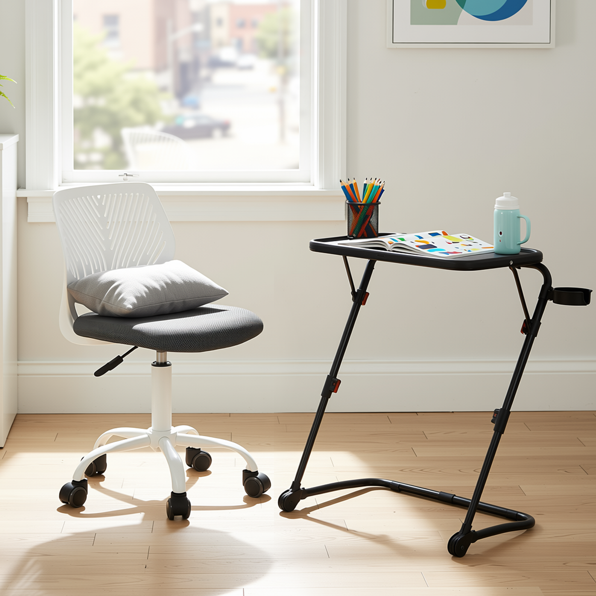 Homy Casa BASELINE+CARNATION 2PC Office Furniture Set with Office Chair and Adjustable Tray Table in Black & Grey Open Box