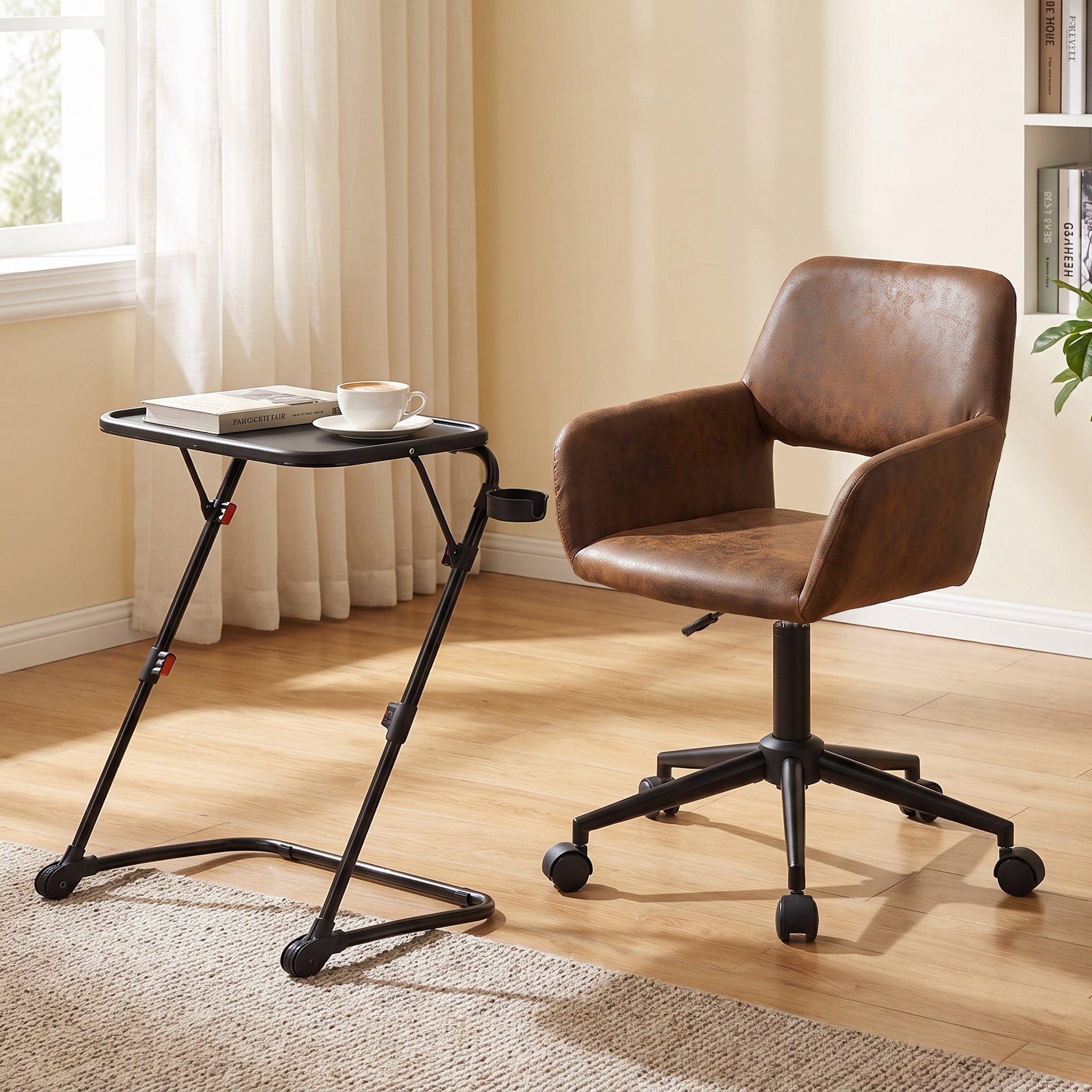 Homy Casa BASELINE+ROSS 2PC Living Room Furniture Set Adjustable Tray Table with Faux Suede Office Chair in Black & Brown Open Box