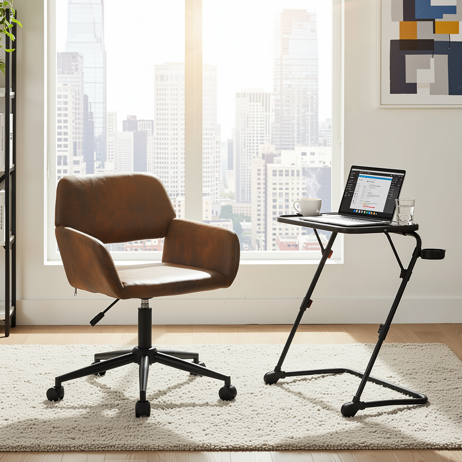 Homy Casa BASELINE+ROSS 2PC Living Room Furniture Set Adjustable Tray Table with Faux Suede Office Chair in Black & Brown Open Box
