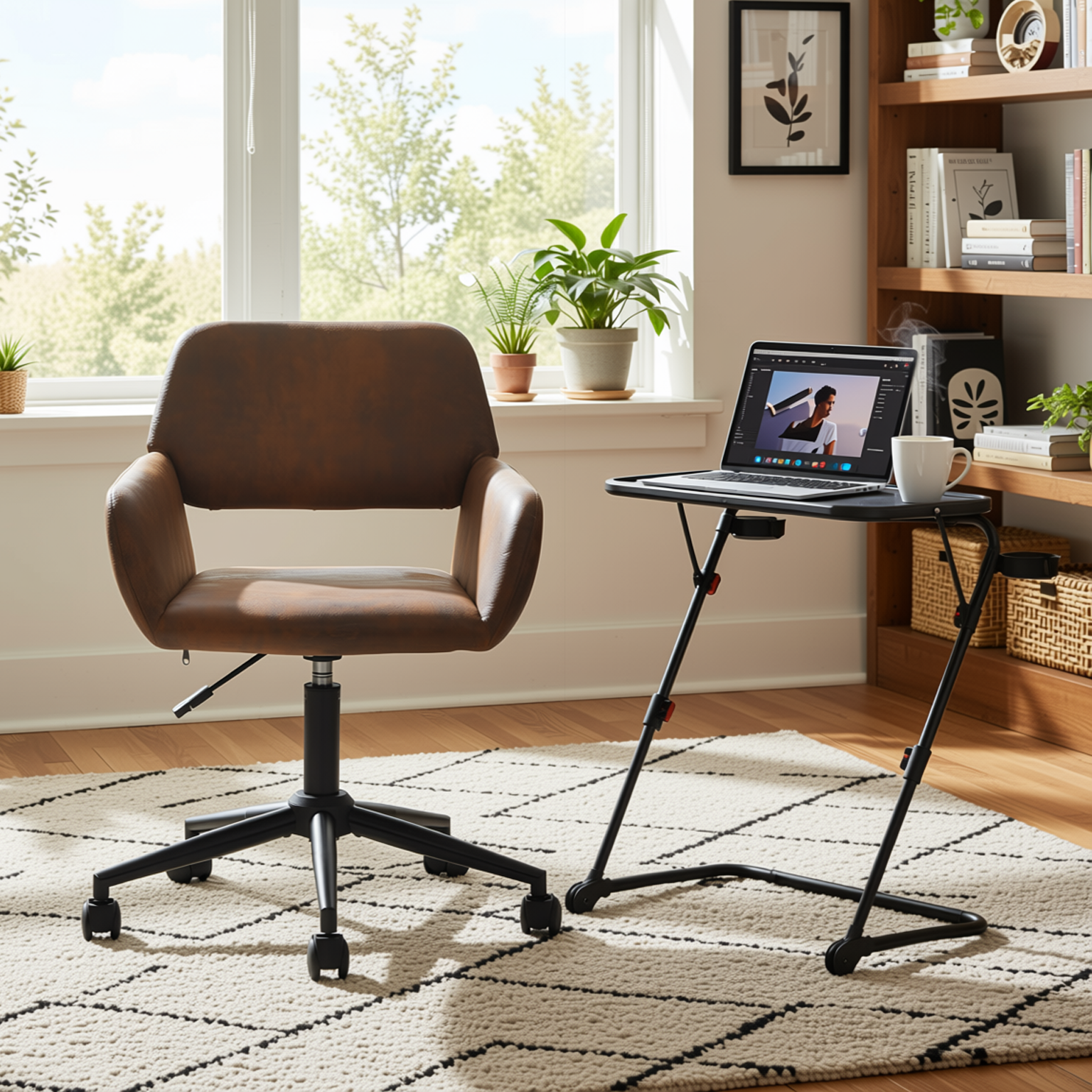 Homy Casa BASELINE+ROSS 2PC Living Room Furniture Set Adjustable Tray Table with Faux Suede Office Chair in Black & Brown Open Box