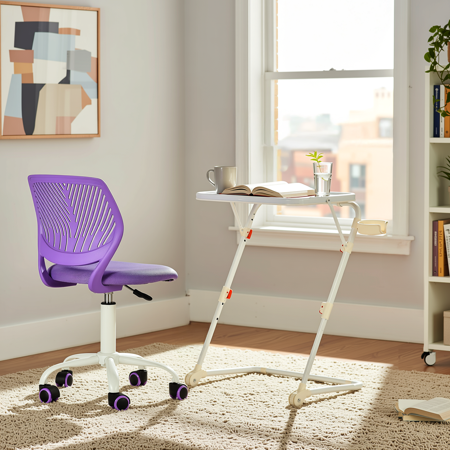 Baseline White Study Table Set with CARNATION Purple Office Chair