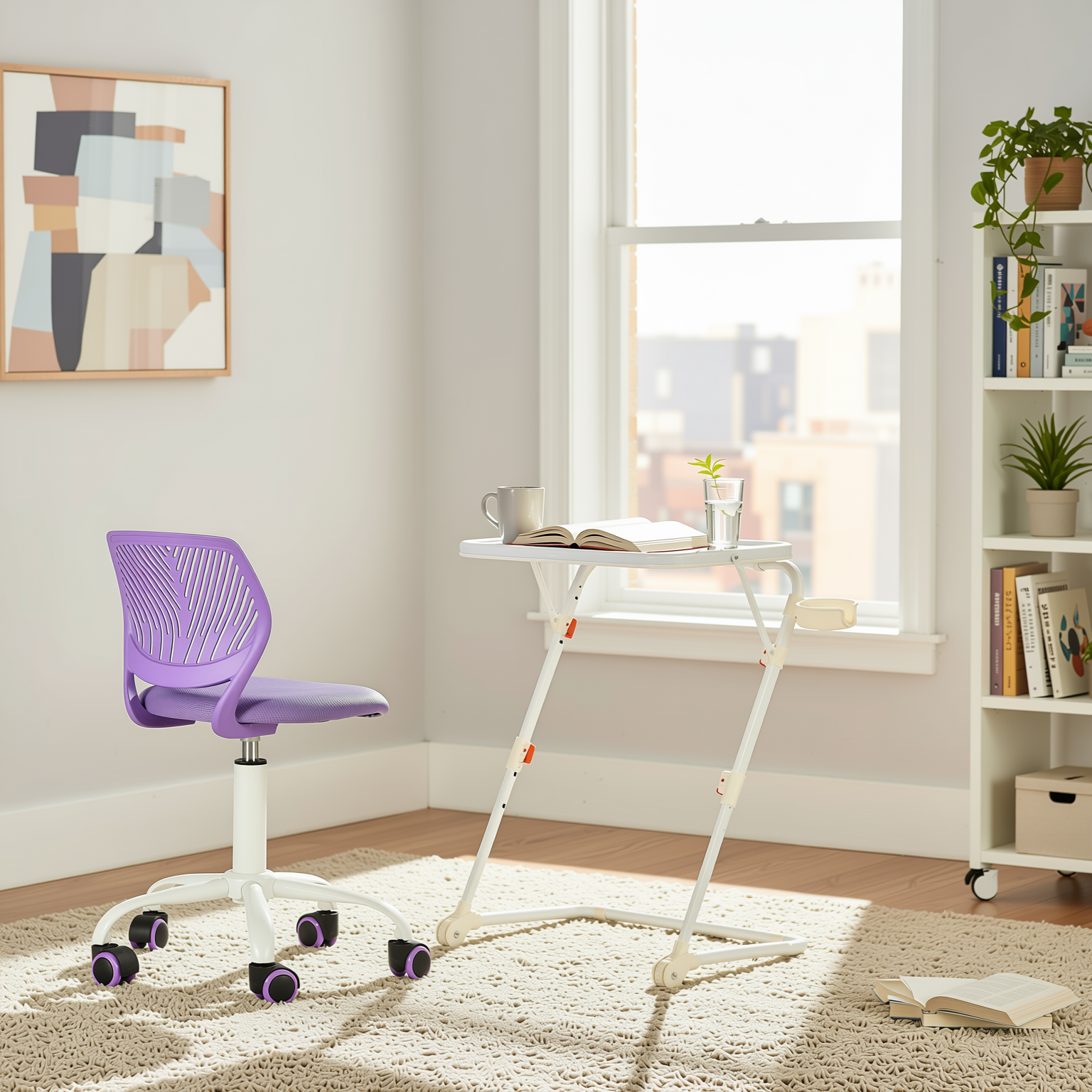 Baseline White Study Table Set with CARNATION Purple Office Chair