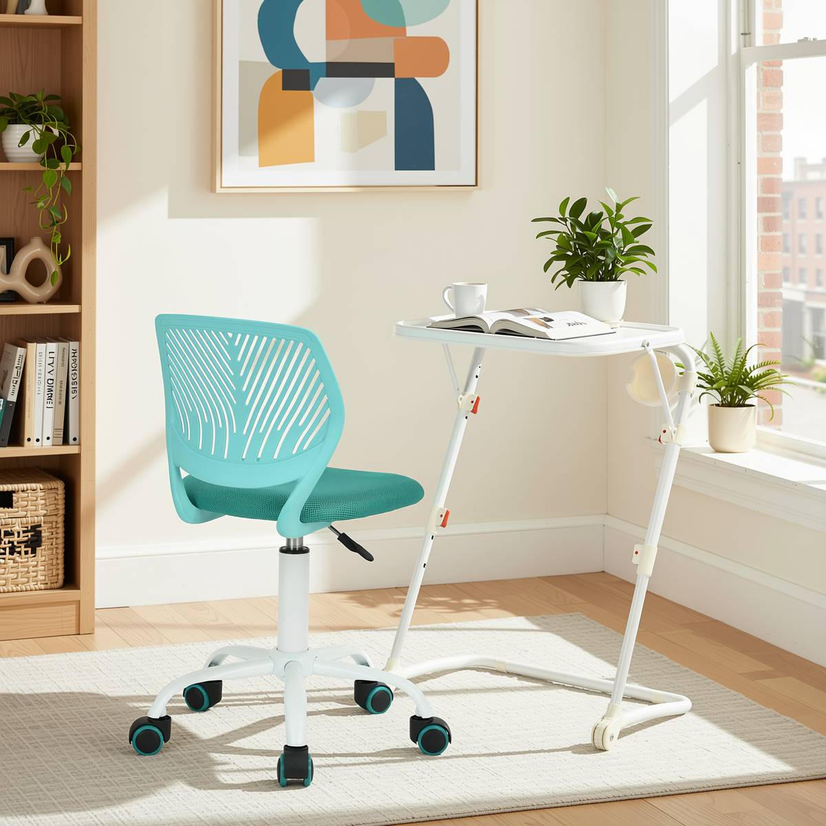 Baseline White Study Table Set with CARNATION Turquoise Green Office Chair