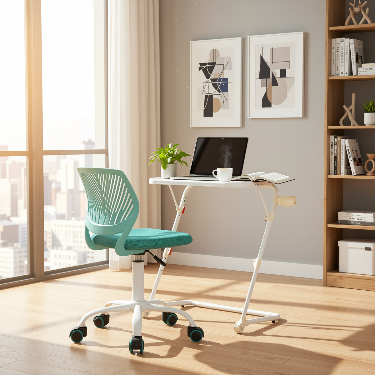 Baseline White Study Table Set with CARNATION Turquoise Green Office Chair