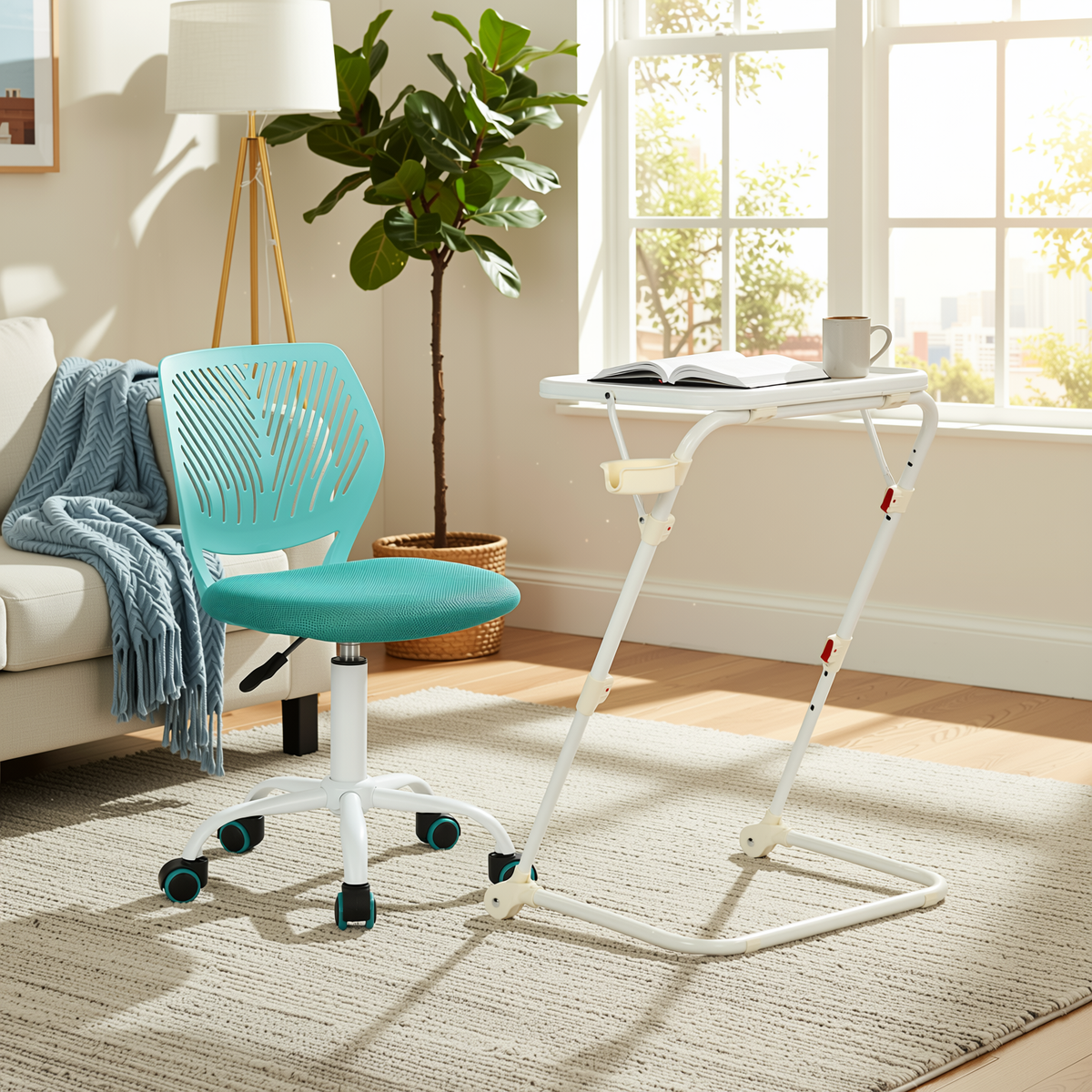 Baseline White Study Table Set with CARNATION Turquoise Green Office Chair