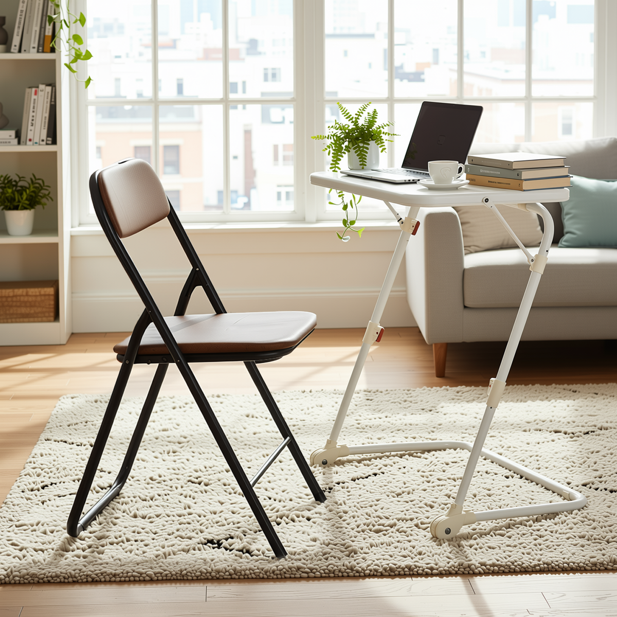 Baseline White Study Table Set with MALIBU Suede Brown Folding Chair