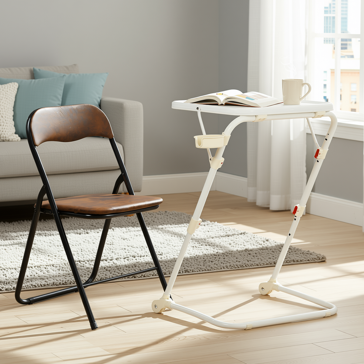 Baseline White Study Table Set with MALIBU Suede Brown Folding Chair