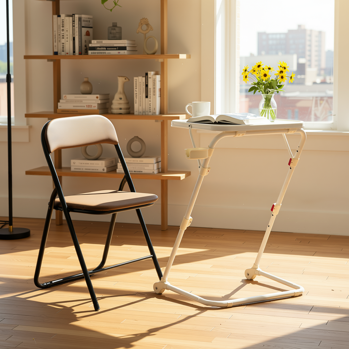 Baseline White Study Table Set with MALIBU Suede Brown Folding Chair