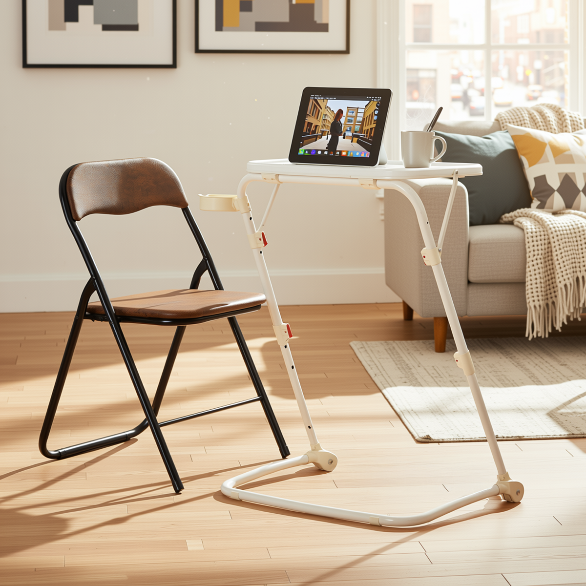 Baseline White Study Table Set with MALIBU Suede Brown Folding Chair