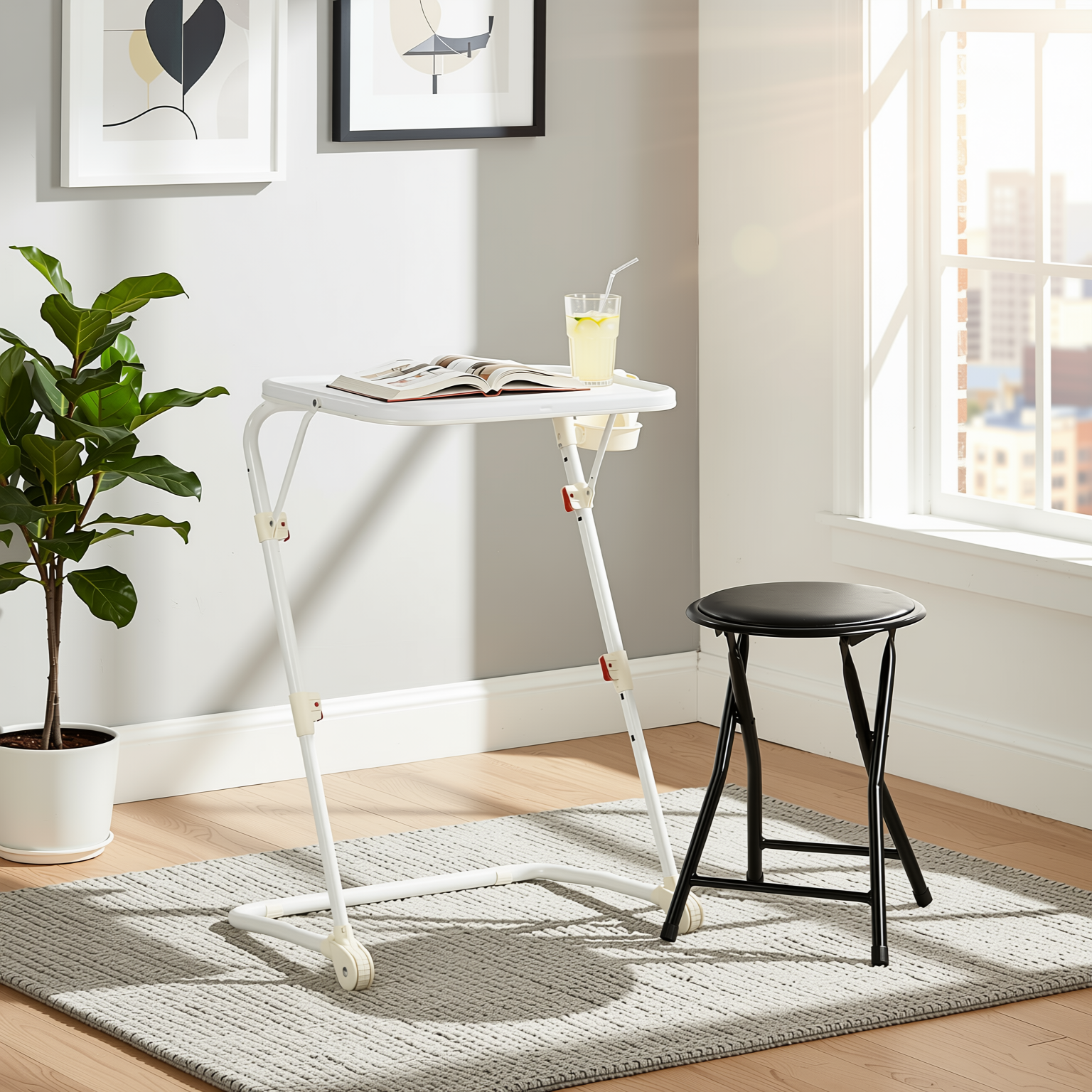 Baseline White Study Table Set with NEWPORT Foldable PVC Stool