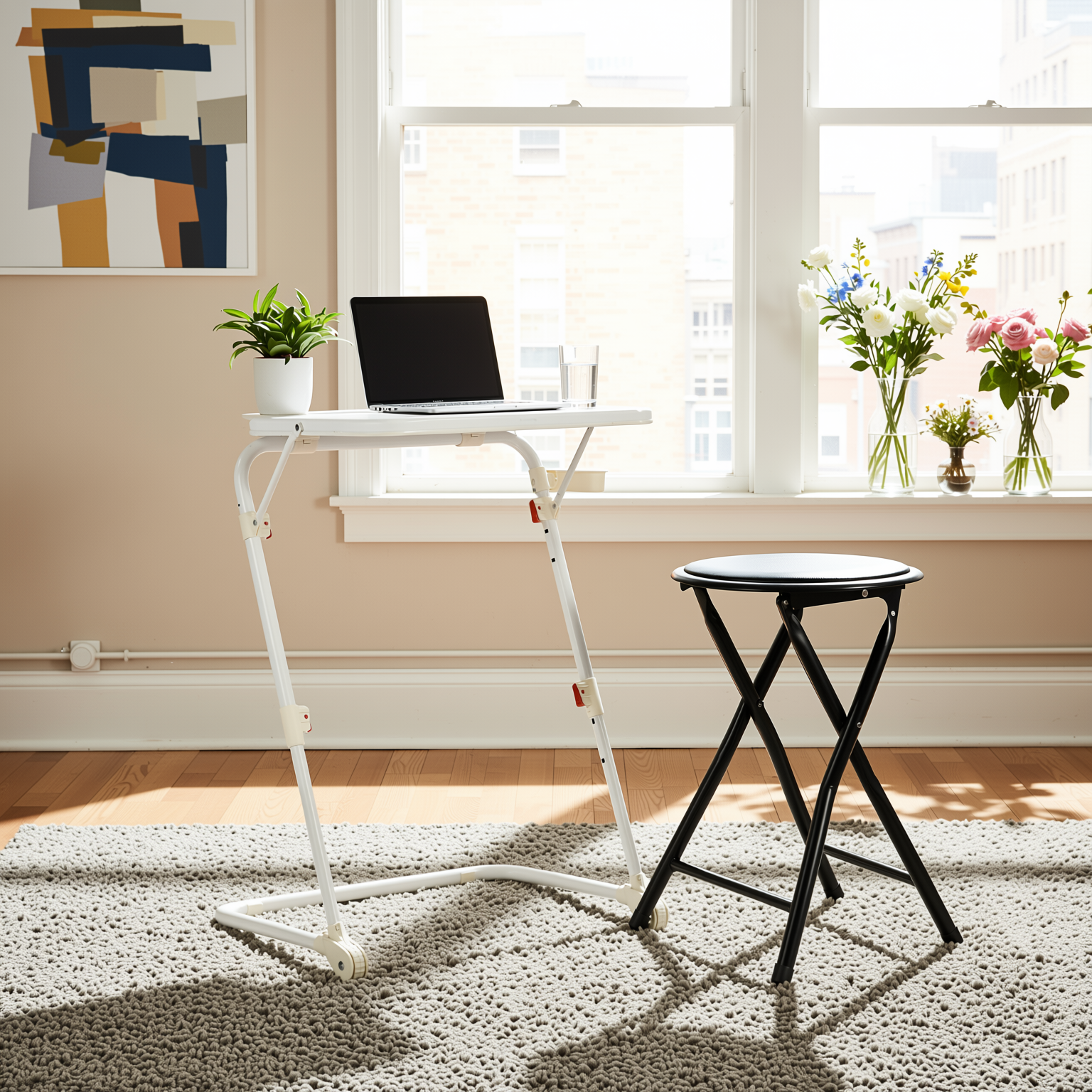 Baseline White Study Table Set with NEWPORT Foldable PVC Stool