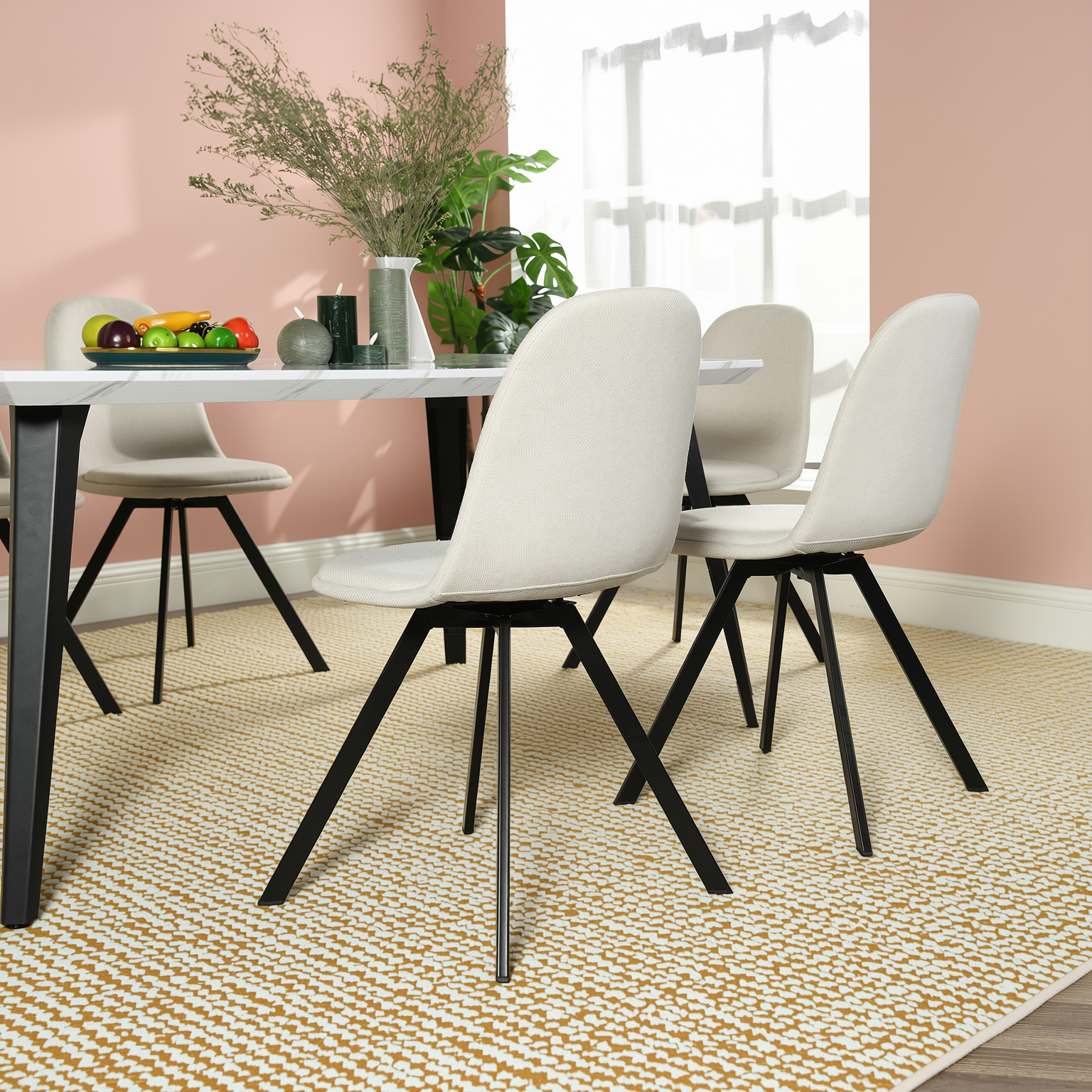 Homy Casa Rookie 5PC Dining Table Set 31.5” Square White Table with 4 Sunflower Beige Swival Upholstered Chairs