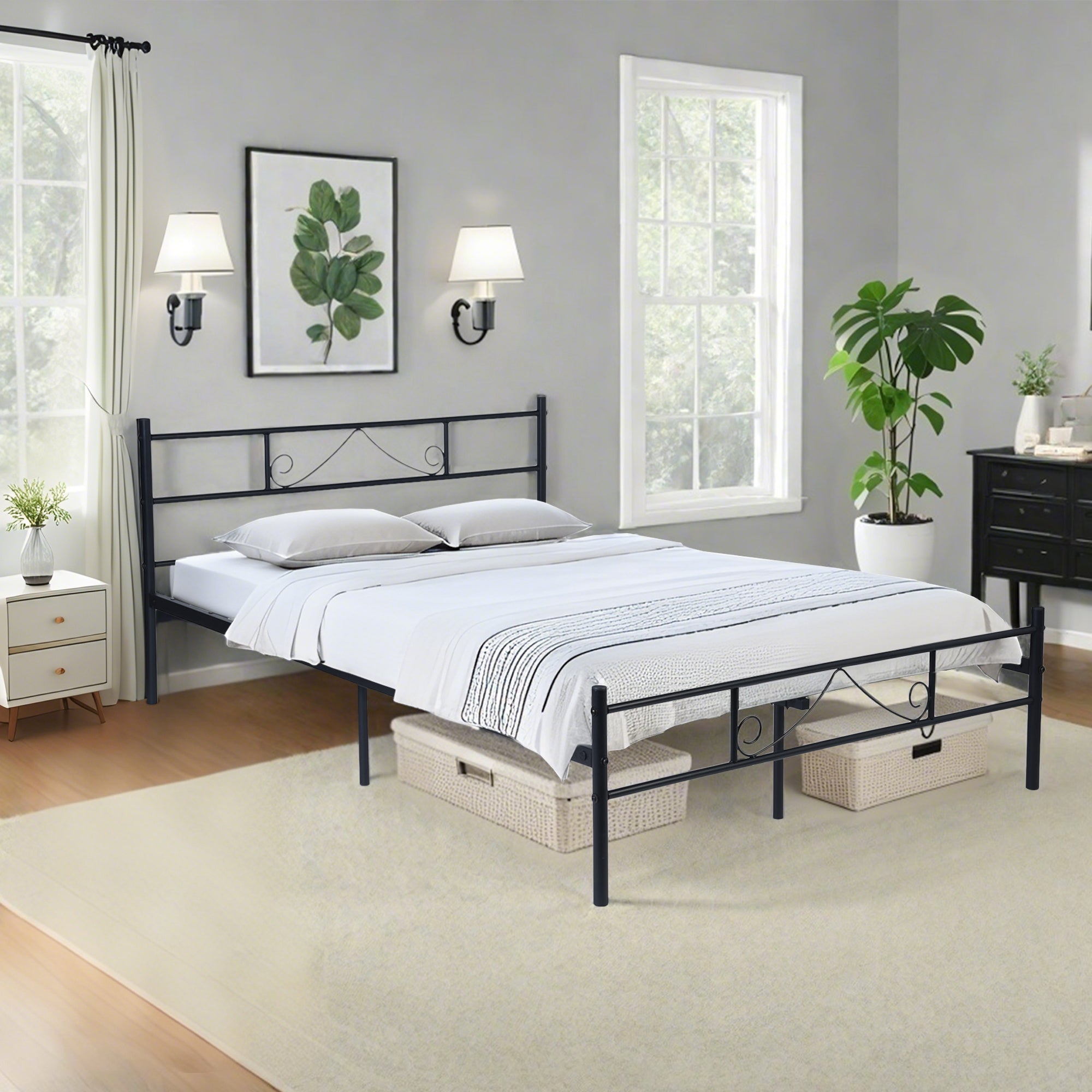 BEARD Full Metal Bed Frame with Headboard and Footboard Steel Slats No Box Spring Black