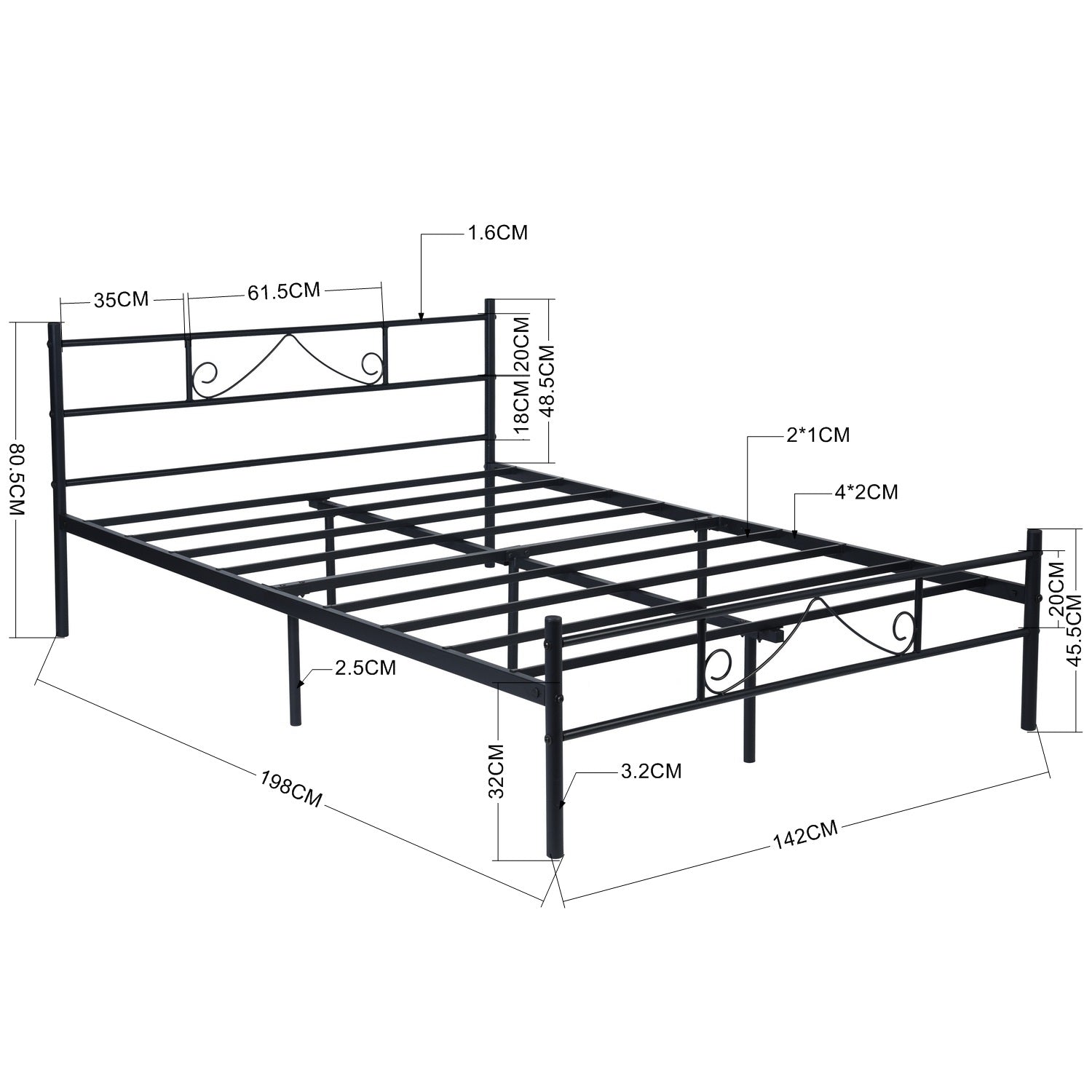 BEARD Full Metal Bed Frame with Headboard and Footboard Steel Slats No Box Spring Black