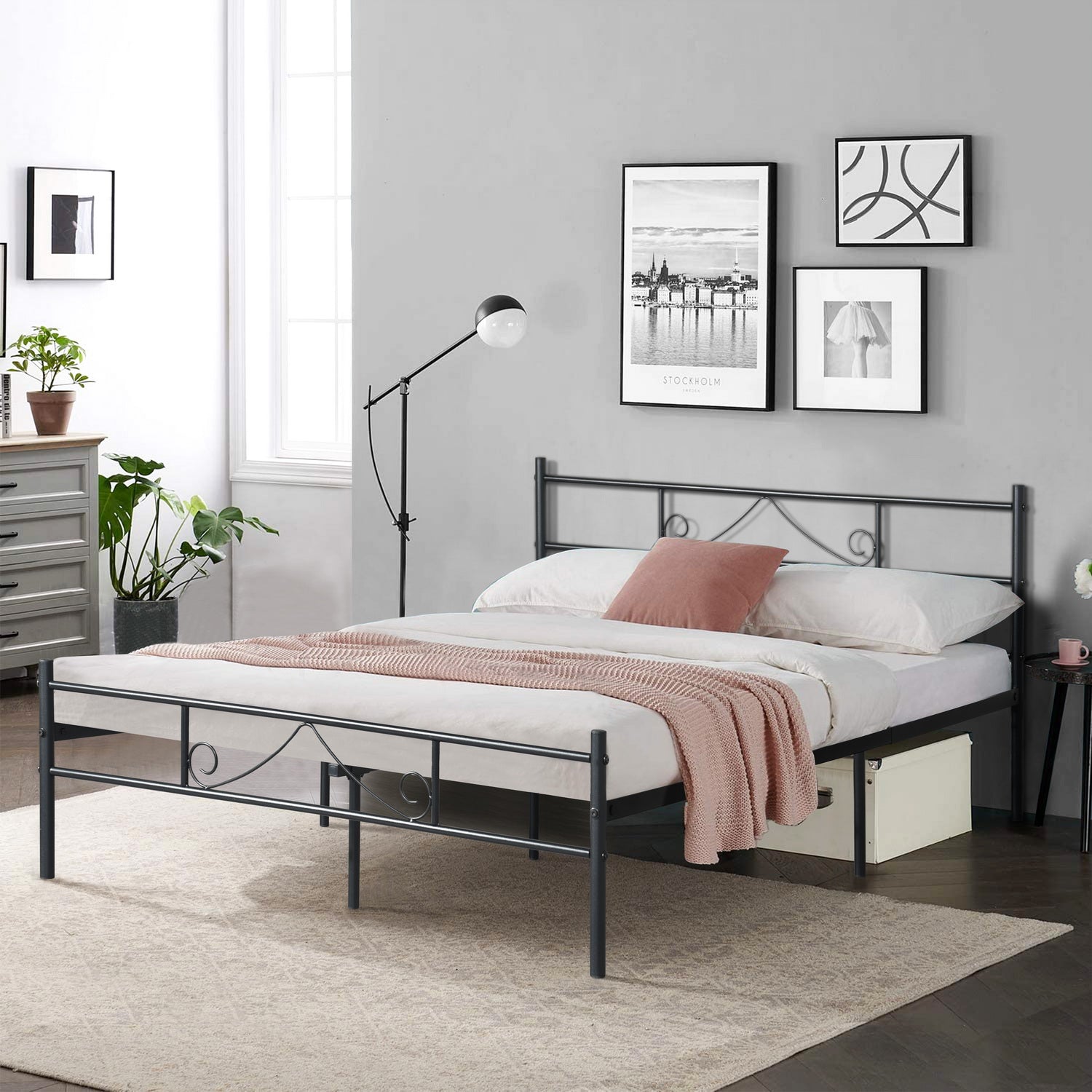 BEARD Full Metal Bed Frame with Headboard and Footboard Steel Slats No Box Spring Black