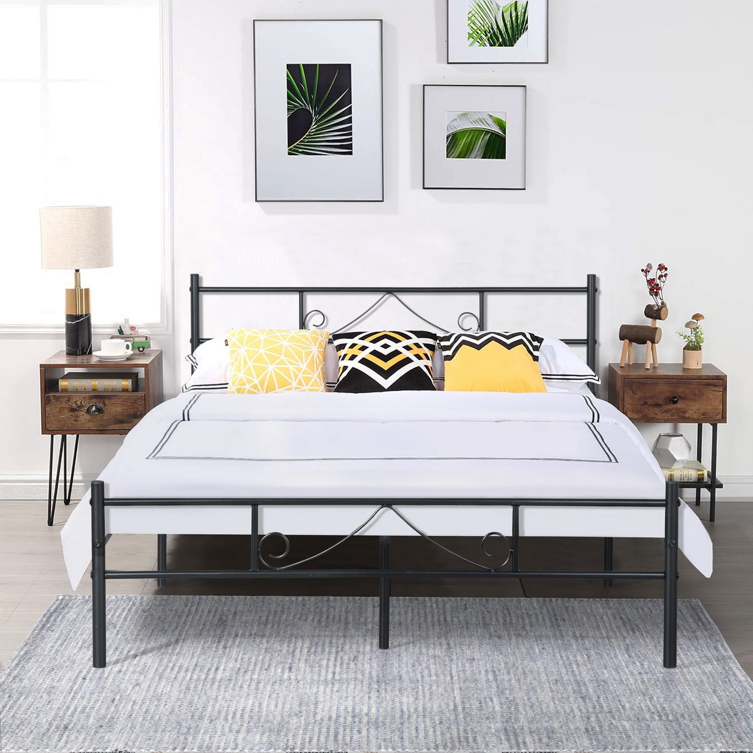 BEARD Full Metal Bed Frame with Headboard and Footboard Steel Slats No Box Spring Black