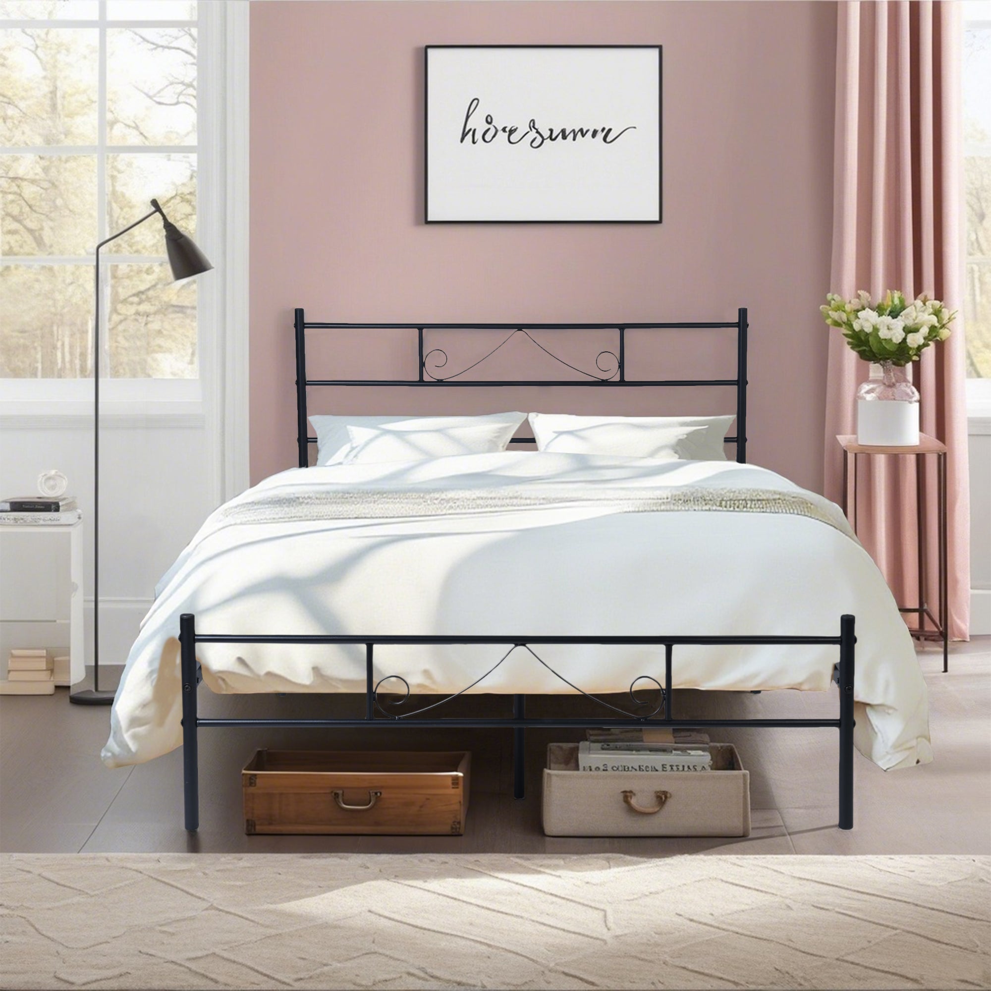 BEARD Full Metal Bed Frame with Headboard and Footboard Steel Slats No Box Spring Black