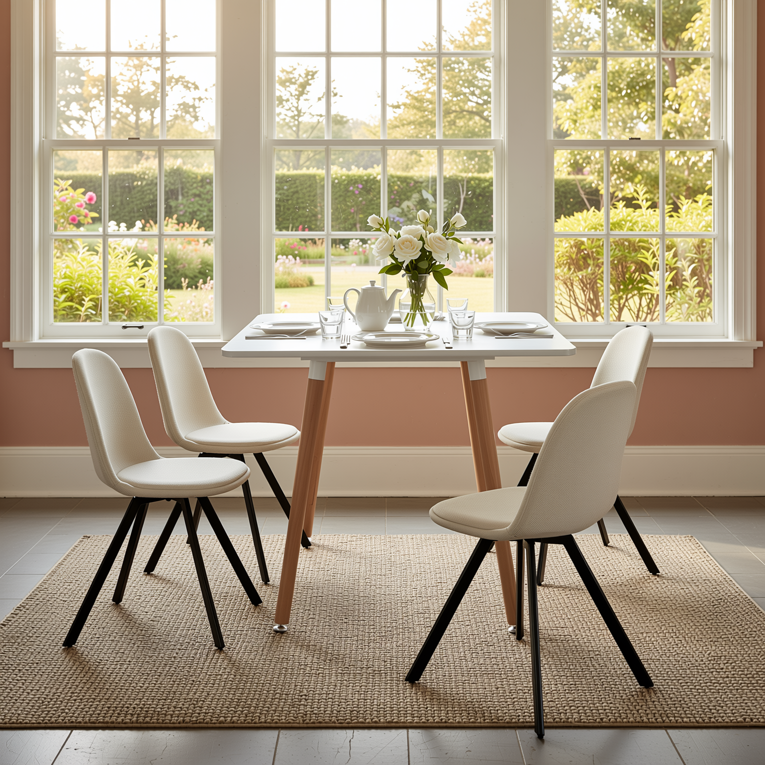 Homy Casa Rookie 5PC Dining Table Set 31.5” Square White Table with 4 Sunflower Beige Swival Upholstered Chairs