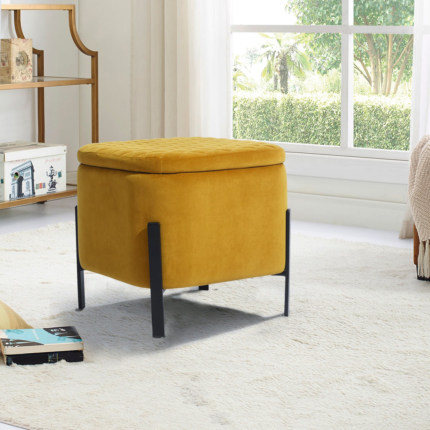 Homy Casa BOTTEGA YELLOW 18.9" Velvet Ottoman for Living Room or Bedroom Open Box