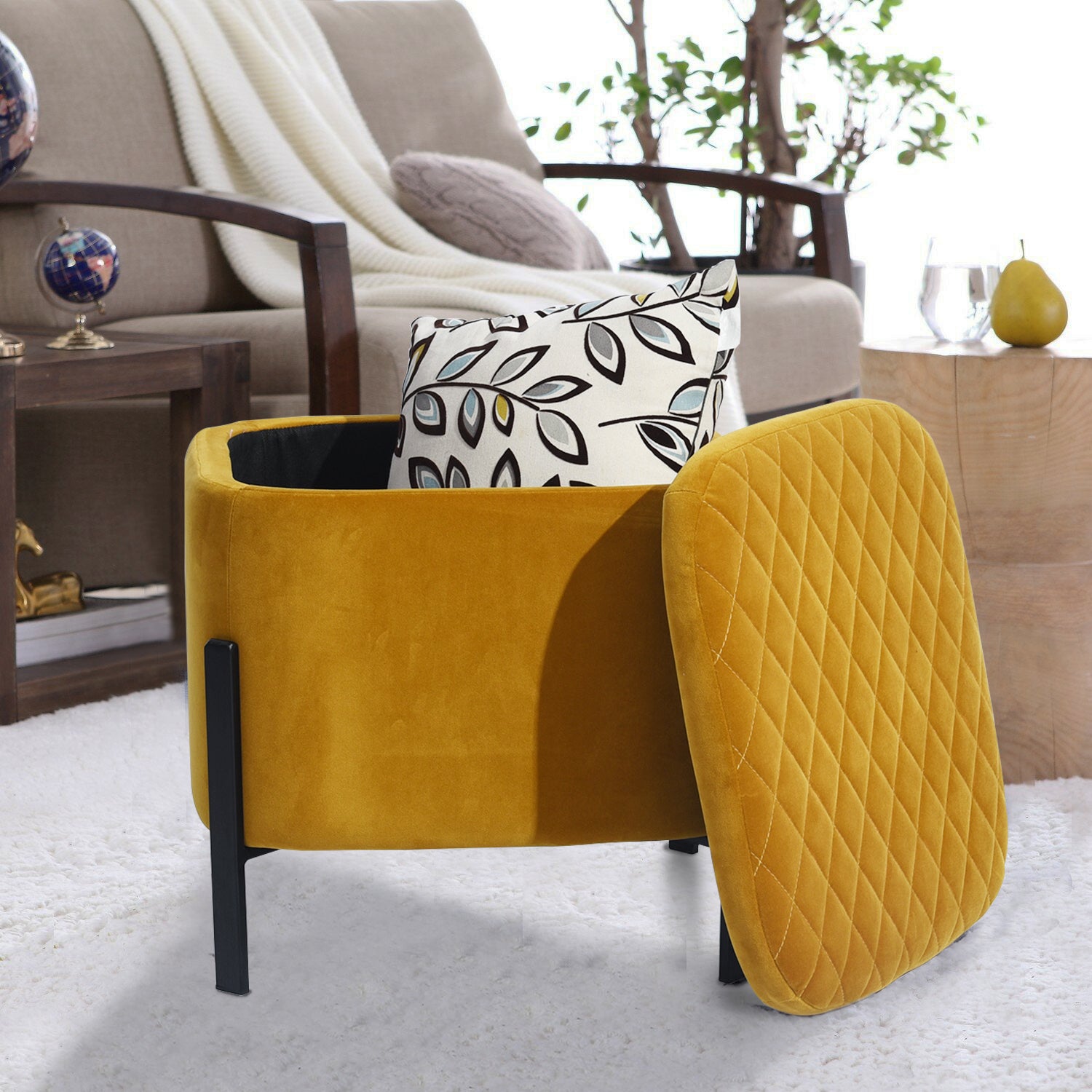 Homy Casa BOTTEGA YELLOW 18.9" Velvet Ottoman for Living Room or Bedroom Open Box