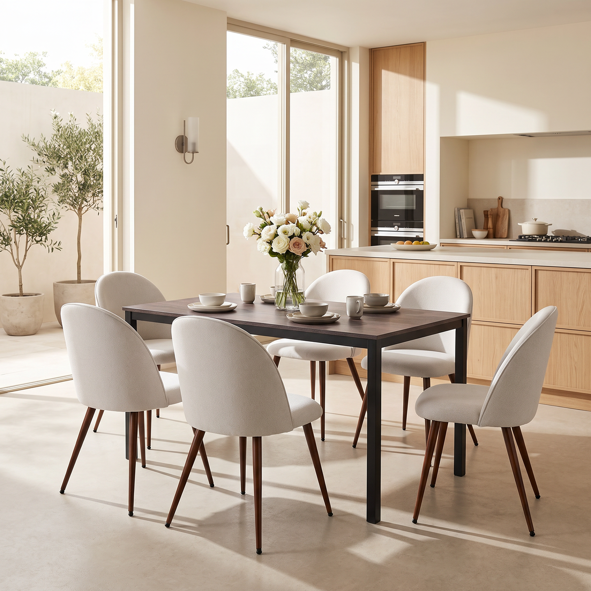 Homy Casa BRANDT+HAVEN 7PC Dining Set 55” Walnut Table with 6 Beige Upholstered Chairs Open Box