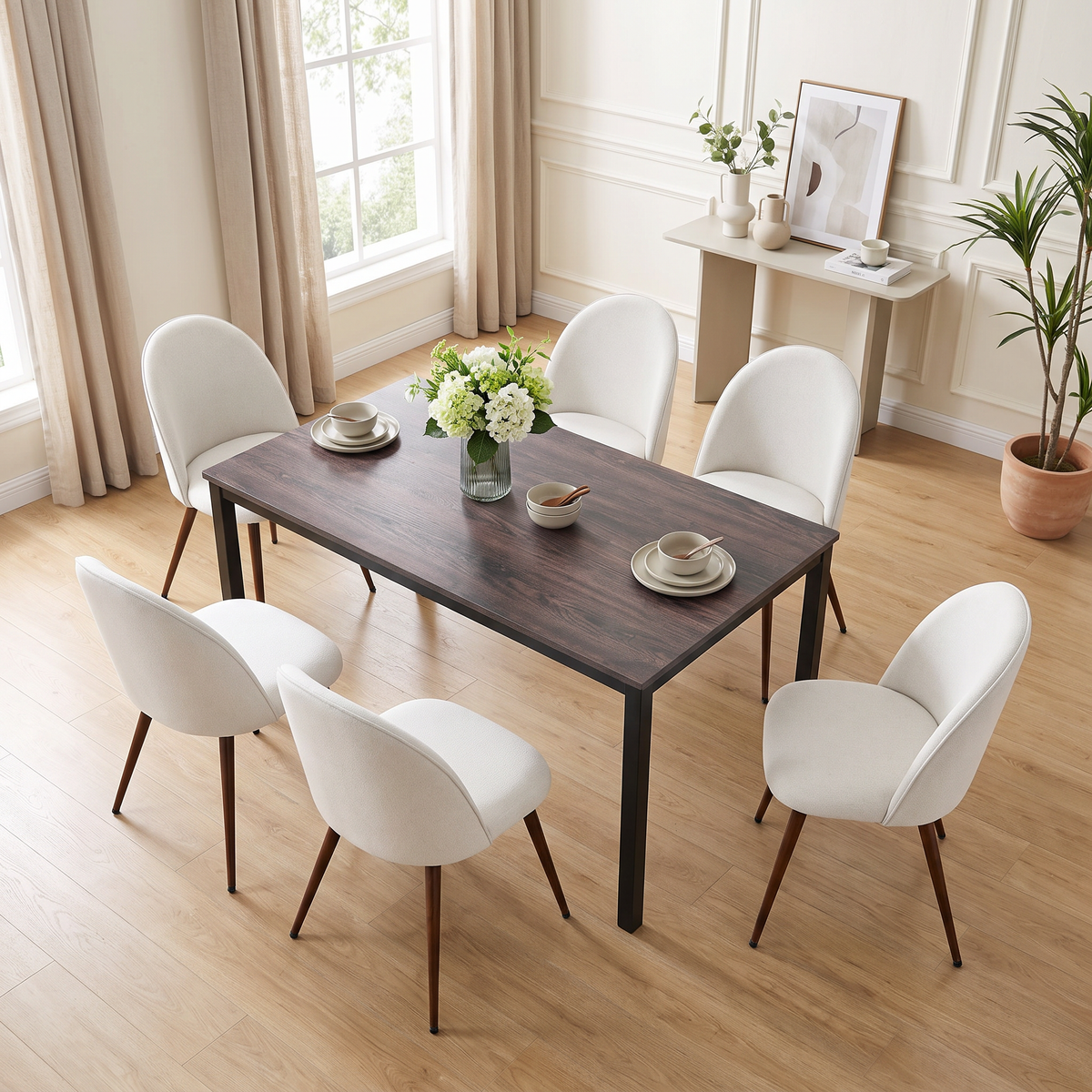 Homy Casa BRANDT+HAVEN 7PC Dining Set 55” Walnut Table with 6 Beige Upholstered Chairs Open Box