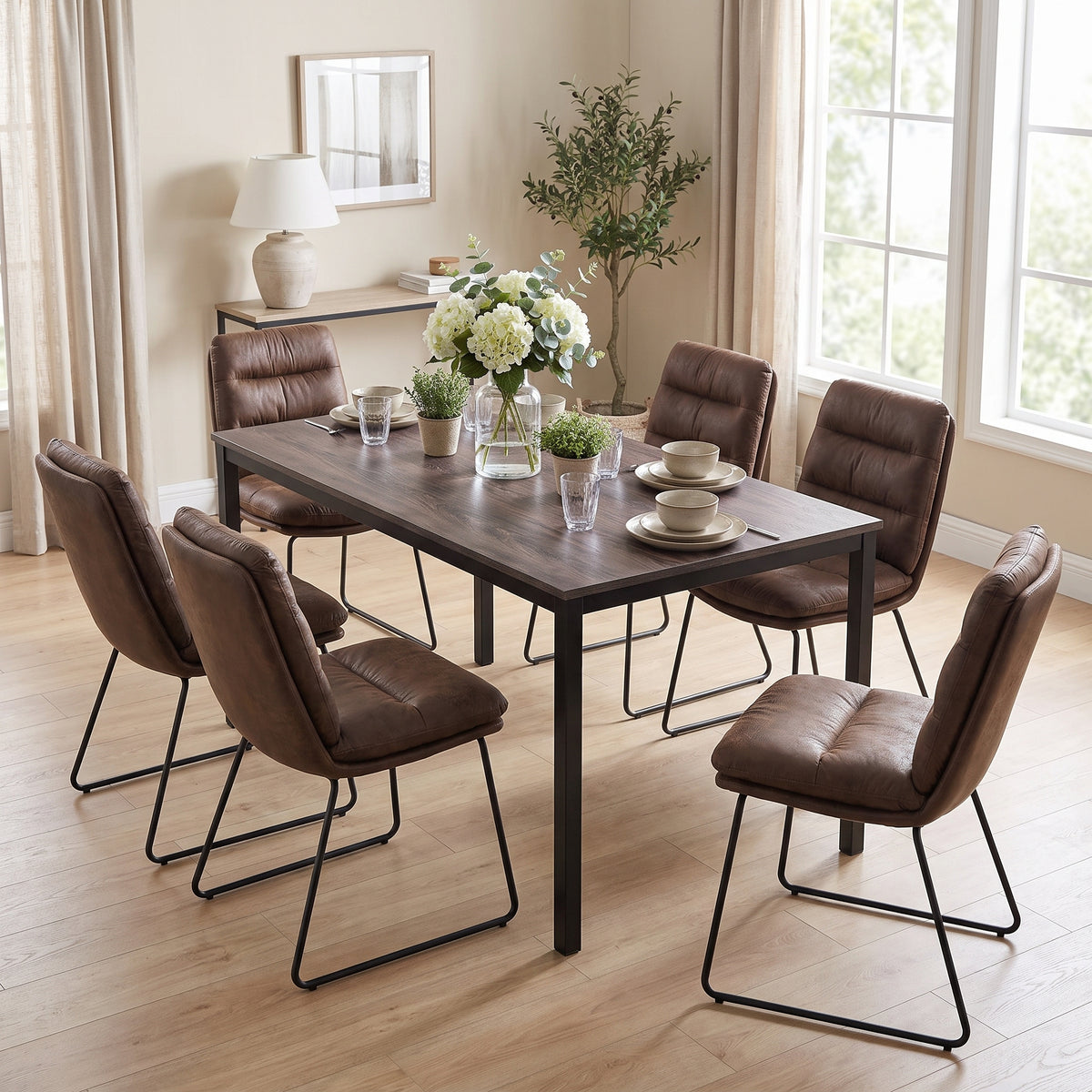 Homy Casa BRANDT+STEFFEN 7PC Dining Set 55" Walnut-Finish Table with 6 STEFFEN Brown Upholstered Chairs Open Box