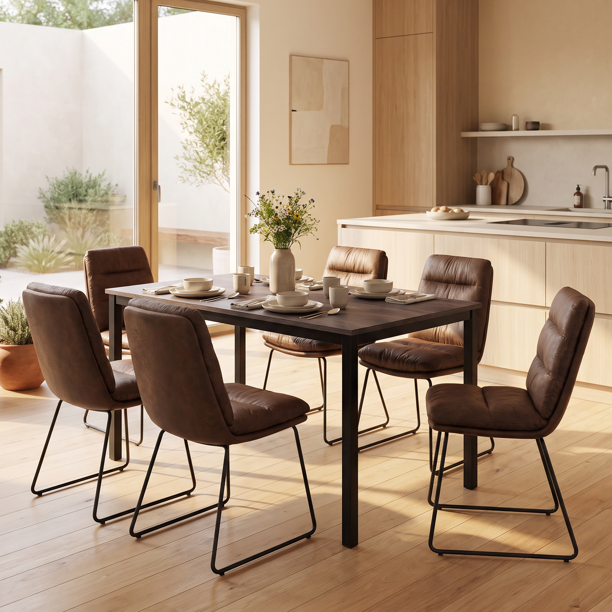 Homy Casa BRANDT+STEFFEN 7PC Dining Set 55" Walnut-Finish Table with 6 STEFFEN Brown Upholstered Chairs Open Box