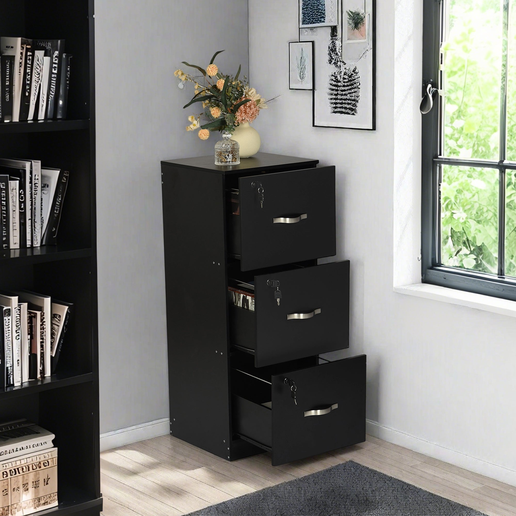 BRAUM 3 Drawer Locking File Cabinet, Black Metal Vertical Filing Cabinet with Keys for Home Office