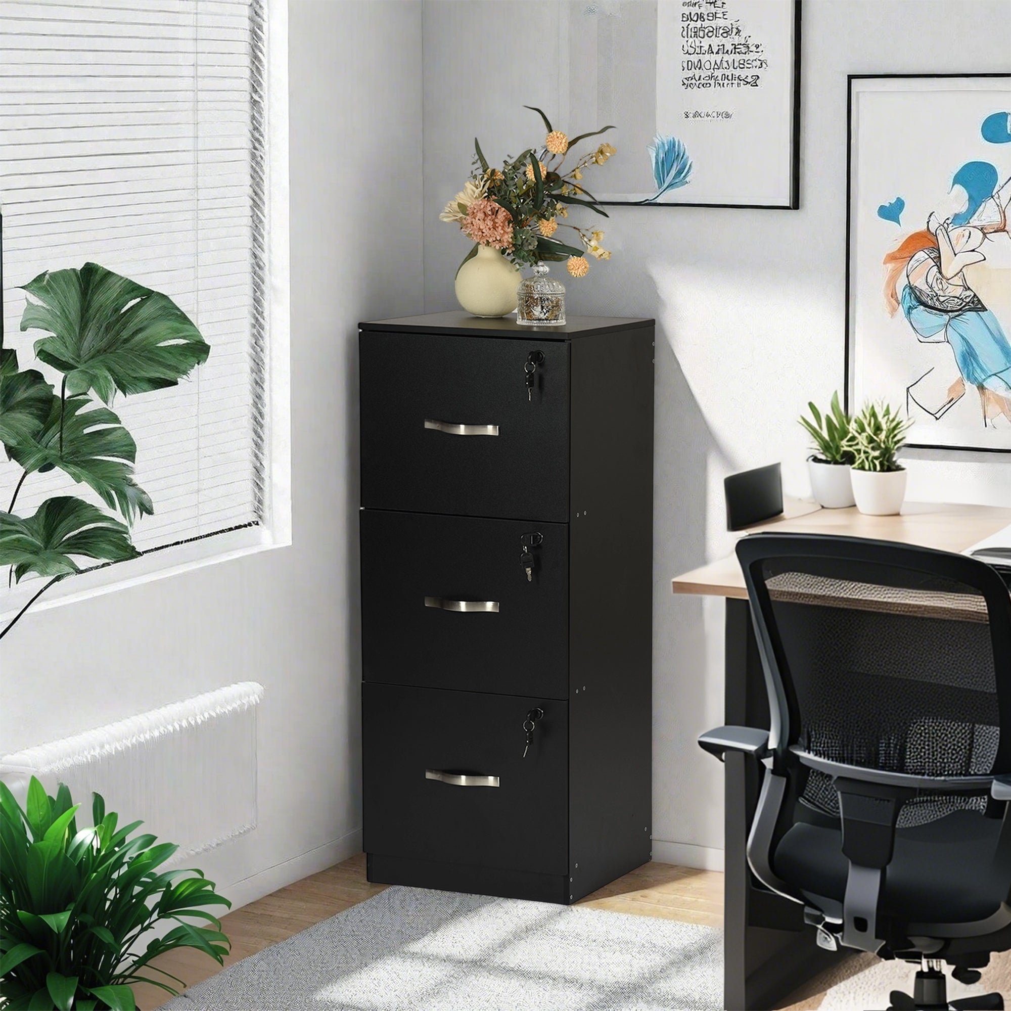 BRAUM 3 Drawer Locking File Cabinet, Black Metal Vertical Filing Cabinet with Keys for Home Office