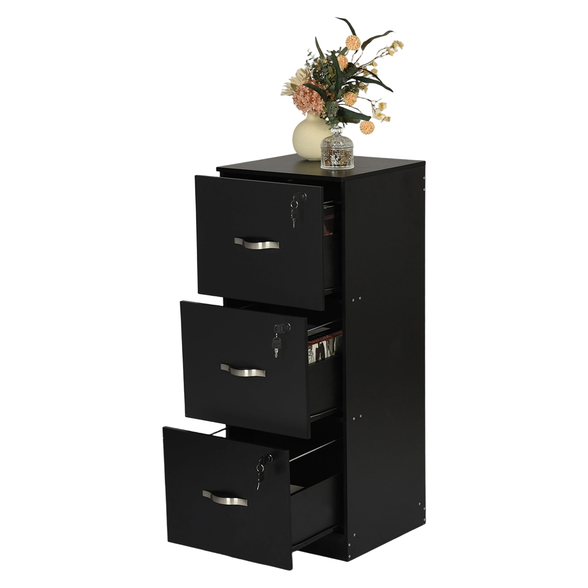 BRAUM 3 Drawer Locking File Cabinet, Black Metal Vertical Filing Cabinet with Keys for Home Office
