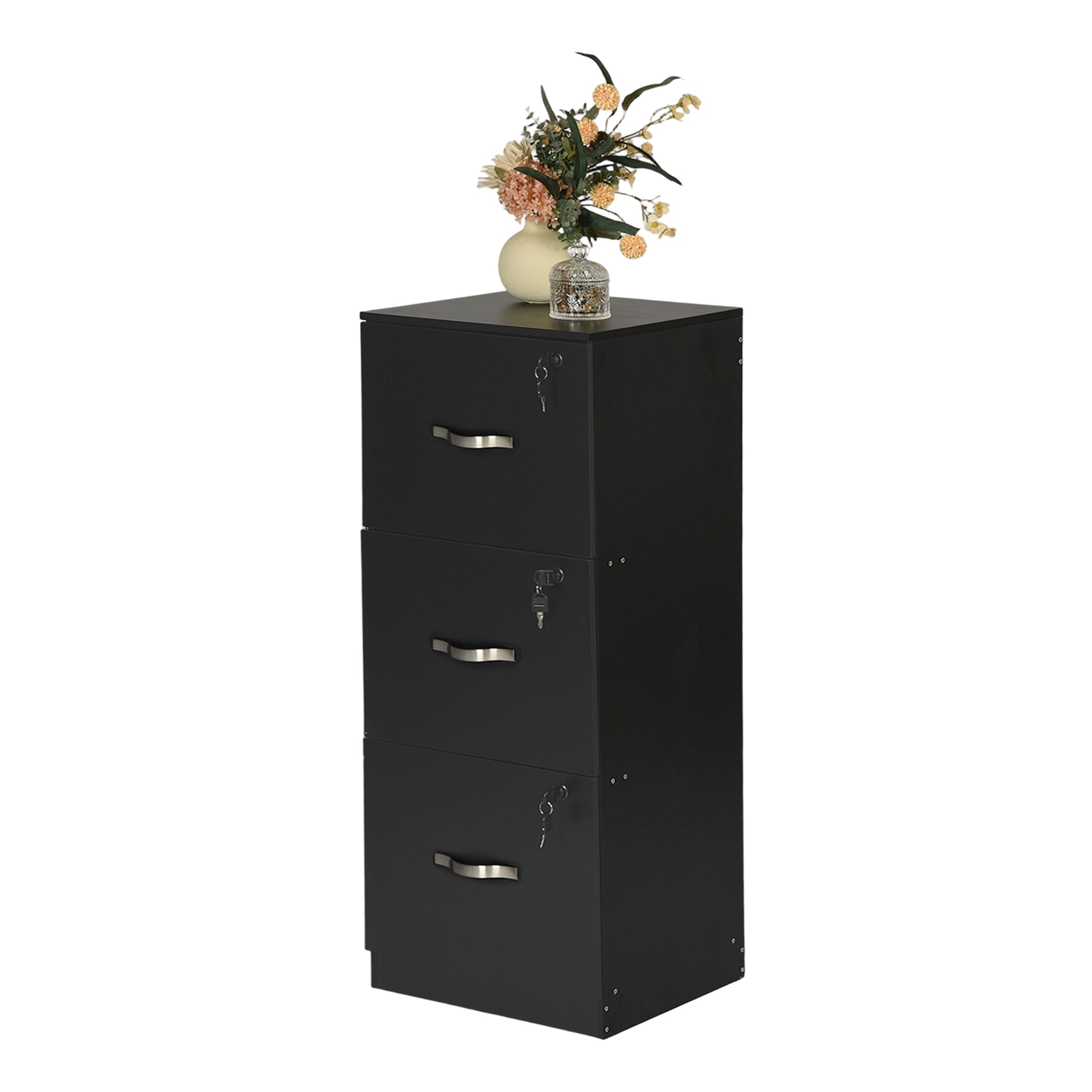 BRAUM 3 Drawer Locking File Cabinet, Black Metal Vertical Filing Cabinet with Keys for Home Office