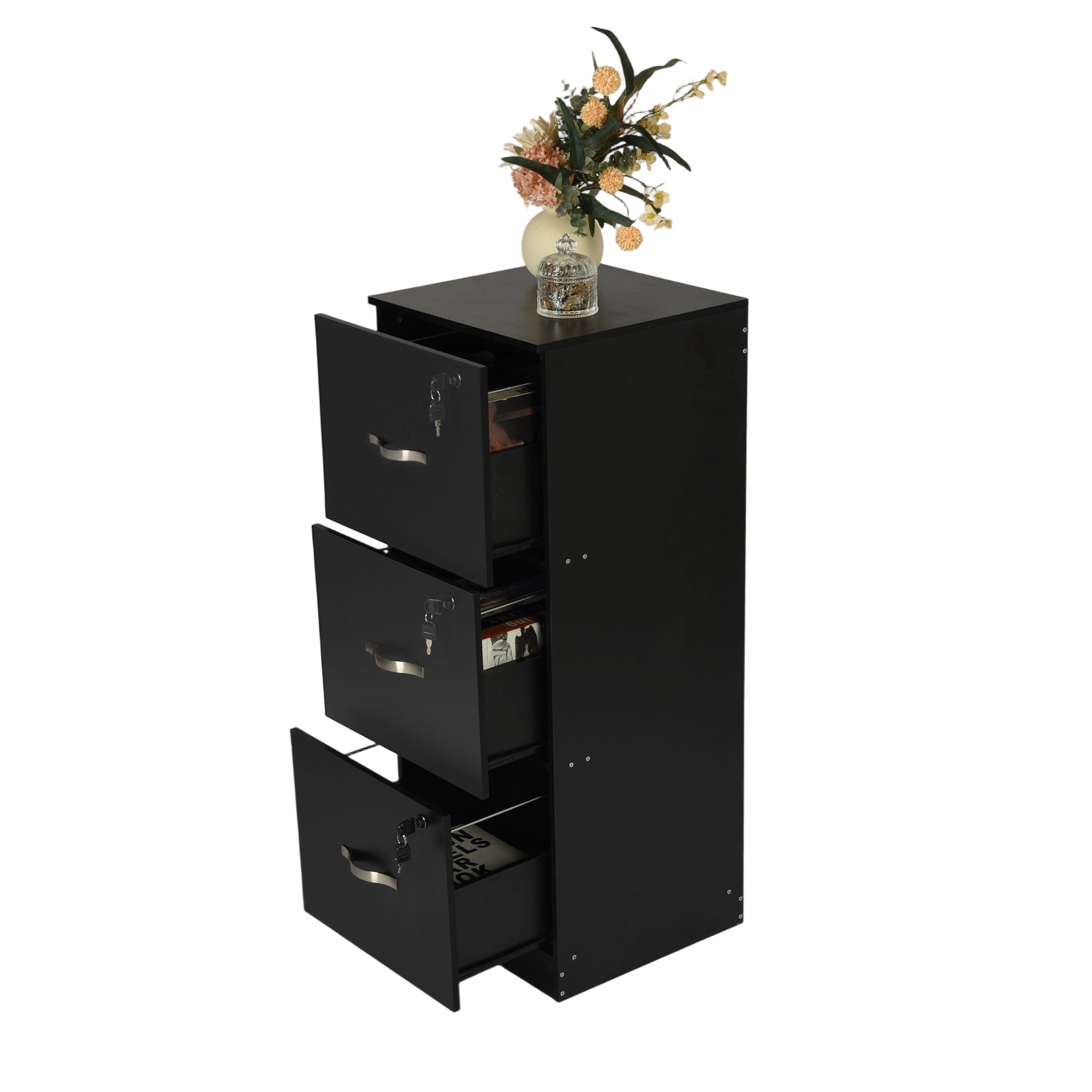 BRAUM 3 Drawer Locking File Cabinet, Black Metal Vertical Filing Cabinet with Keys for Home Office