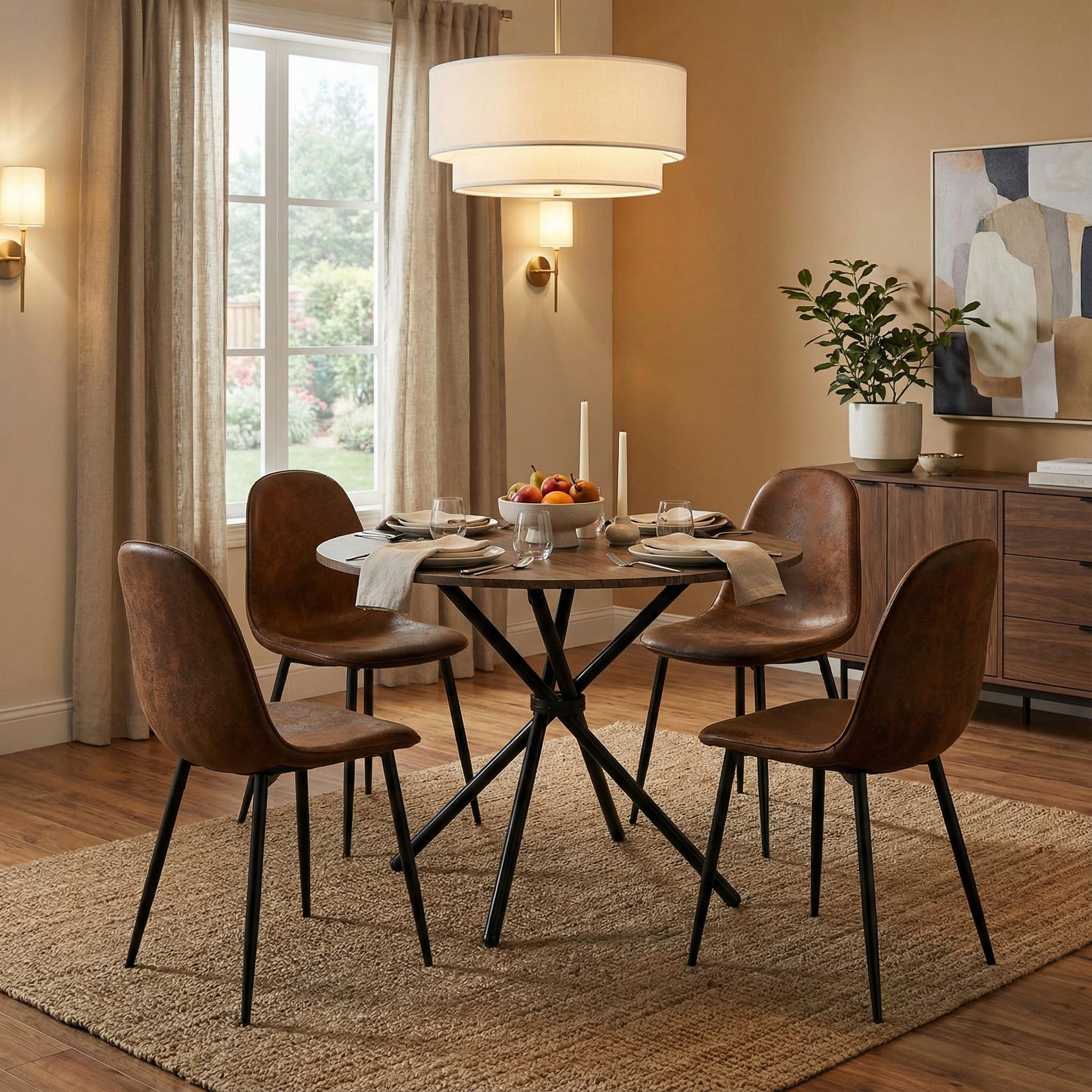 Homy Casa Hare 5PC Dining Set 31.5” Round Table with 4 Charlton Suede Upholstered Chairs, Brown