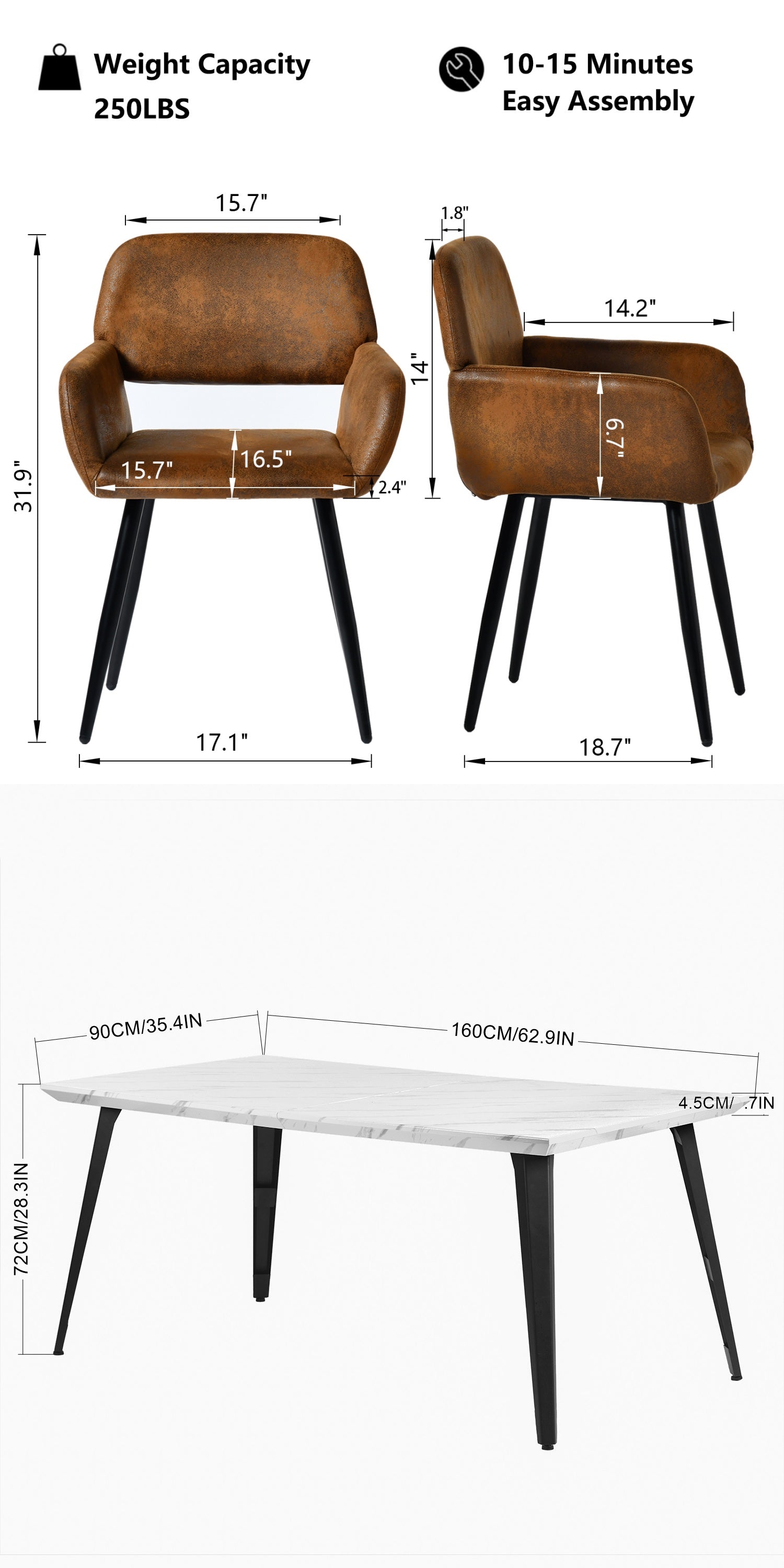 Homy Casa Stan 5PC Dining Set 63” Table with 4 Mayfair Upholstered Chairs, Vintage Brown